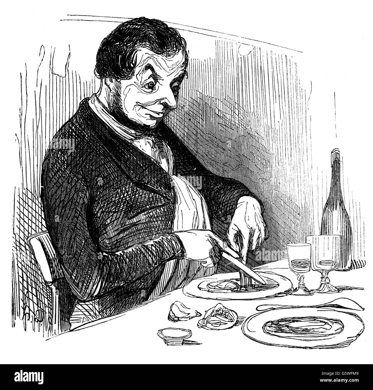 gastronomy, meals, 'Quarante sous' (Forty sous), man eating, lithograph, by Honore Daumier (1809 - 1879), from: 'La Caricature', Paris, 7.2.1843,19th century, graphic, graphics, France, food, meal, meals, half length, sitting, sit, sitting, sit, table, tables, plate, plates, knife, knives, fork, forks, food, eating, eat, glasses, bottle, bottles, pleasure, caricature, caricatures, satire, press, presses, magazines, , Additional-Rights-Clearences-Not Available Stock Photo