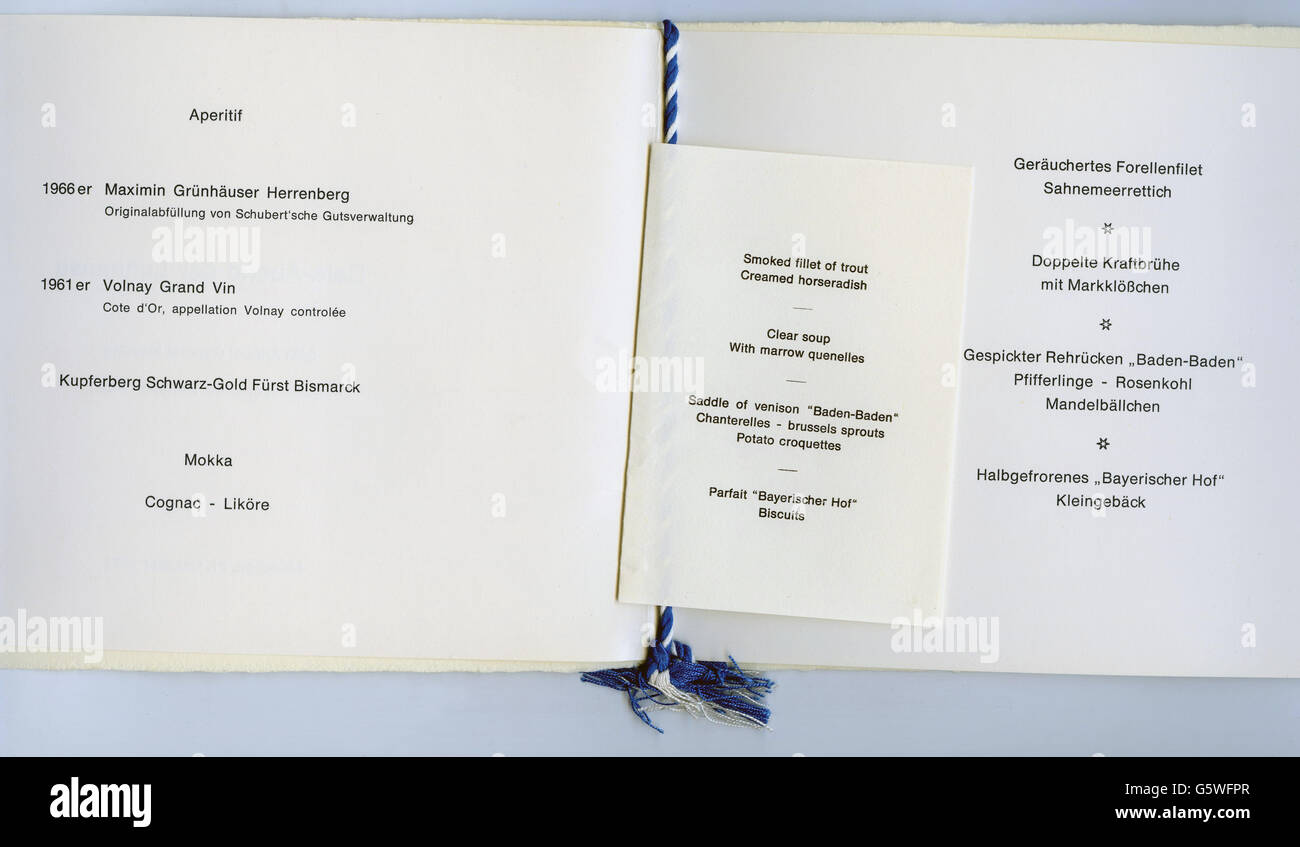 gastronomy, menu, gala evening of the Lufthansa, on the occasion of of the 24th annual general meeting of the IATA, hotel 'Bayerischer Hof', Munich, 31.10.1968, Additional-Rights-Clearences-Not Available Stock Photo