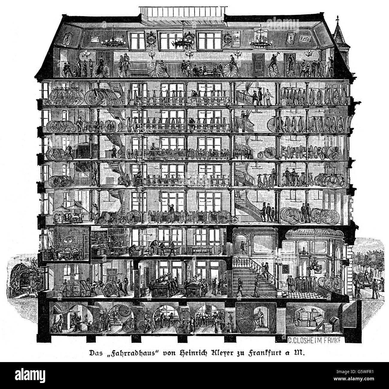 industry, factory, 'Fahrradhaus' (bicycle house) of Heinrich Kleyer, Frankfurt on the Main, wood engraving, by C.Closheim, late 19th century, Additional-Rights-Clearences-Not Available Stock Photo