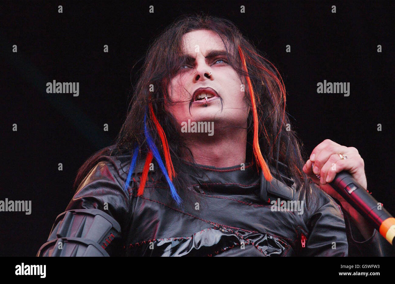 Cradle of Filth performing on stage, during the Ozzfest annual rock music festival at Donnington Park, in Leicestershire. Stock Photo