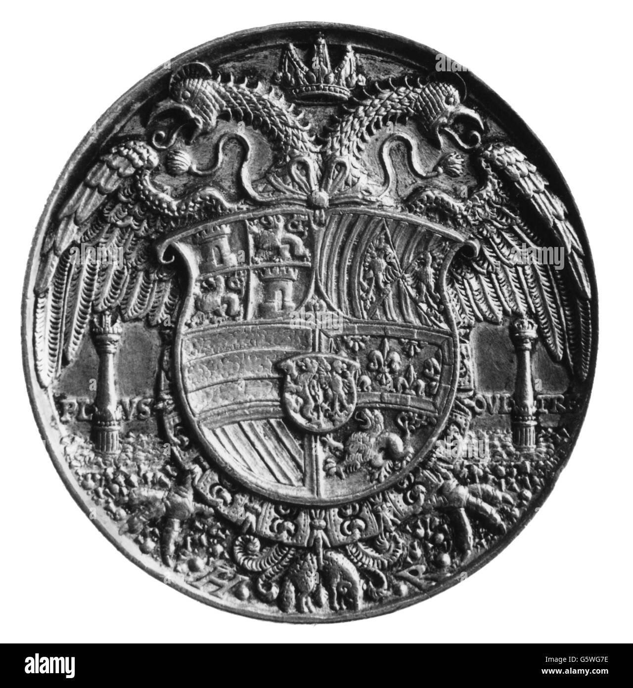 fine arts, Hans Reinhart the Elder (circa 1510 - 1581), medal, cast medal for emperor Charles V, reverse, 1537, bronze, diameter 66 mm, Additional-Rights-Clearences-Not Available Stock Photo