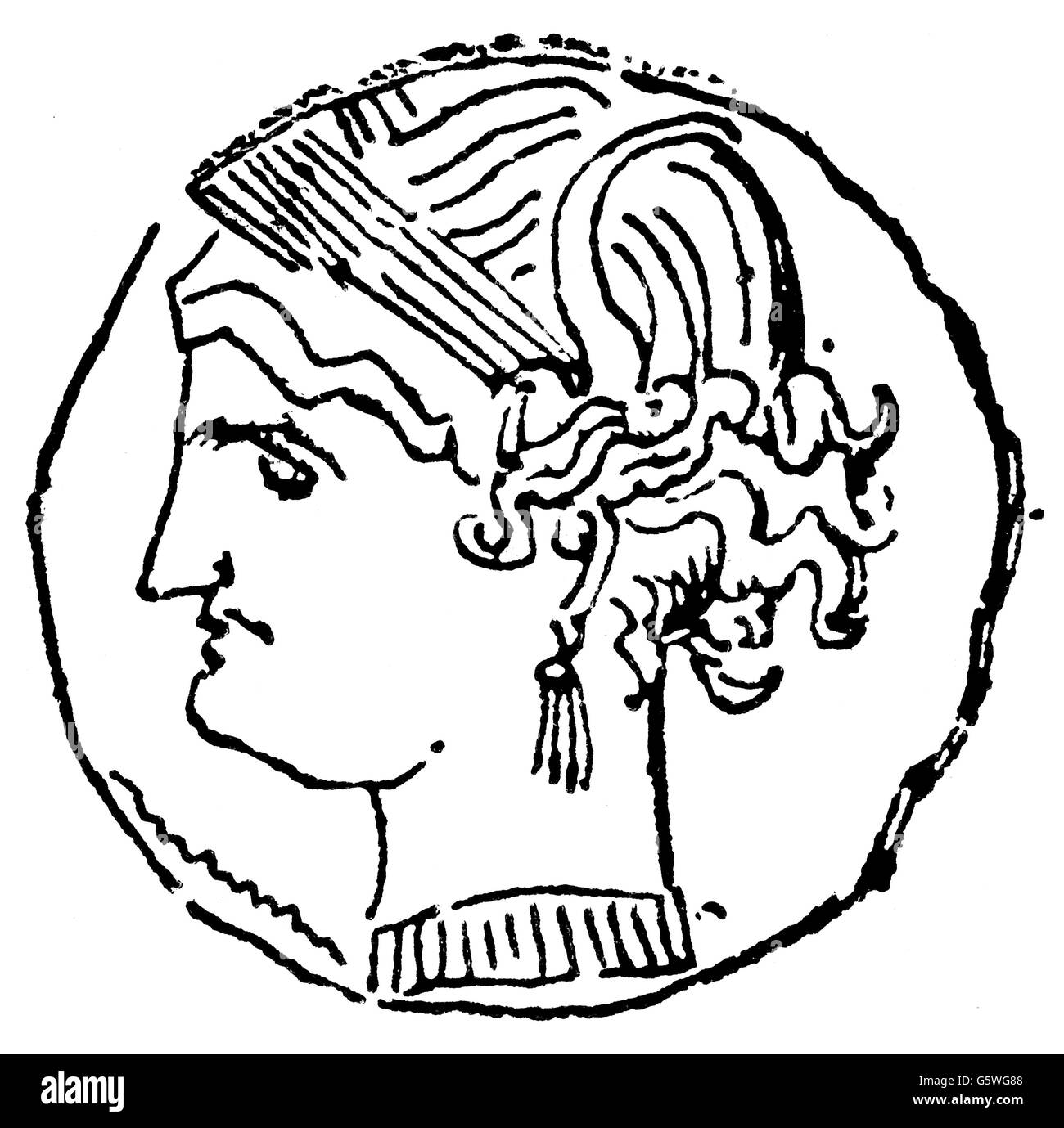 money / finances, coins, ancient world, Carthage, coin, obverse, portrait of the goddess Tanit, wood engraving, 19th century, ancient world, ancient times, Carthaginian, numismatics, religion, deity, divinity, deities, fertility, tutelary goddess of Carthage, profile, side-face, profiles, coins, coin, goddess, goddesses, historic, historical, female, woman, ancient world, people, women, Additional-Rights-Clearences-Not Available Stock Photo