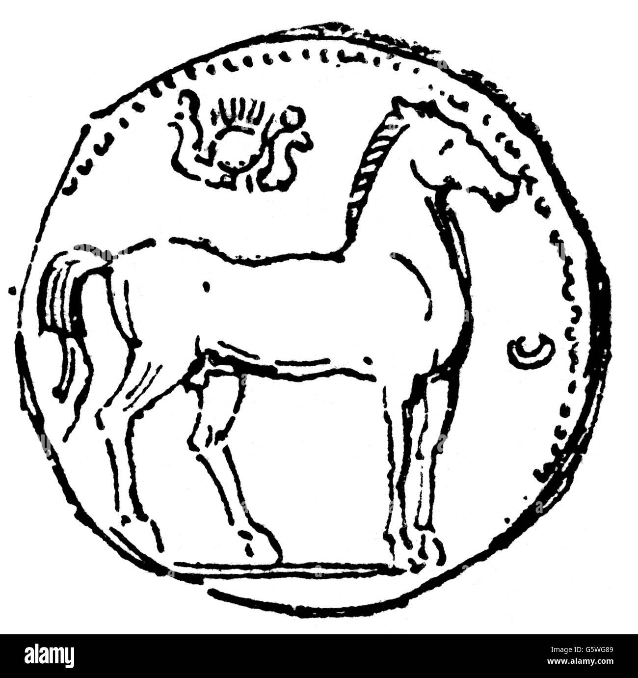money / finances, coins, ancient world, Carthage, coin, reverse, image of a horse, wood engraving, 19th century, ancient world, ancient times, Carthaginian, numismatics, animal, animals, horse, horses, coin, coins, image, images, historic, historical, ancient world, Additional-Rights-Clearences-Not Available Stock Photo