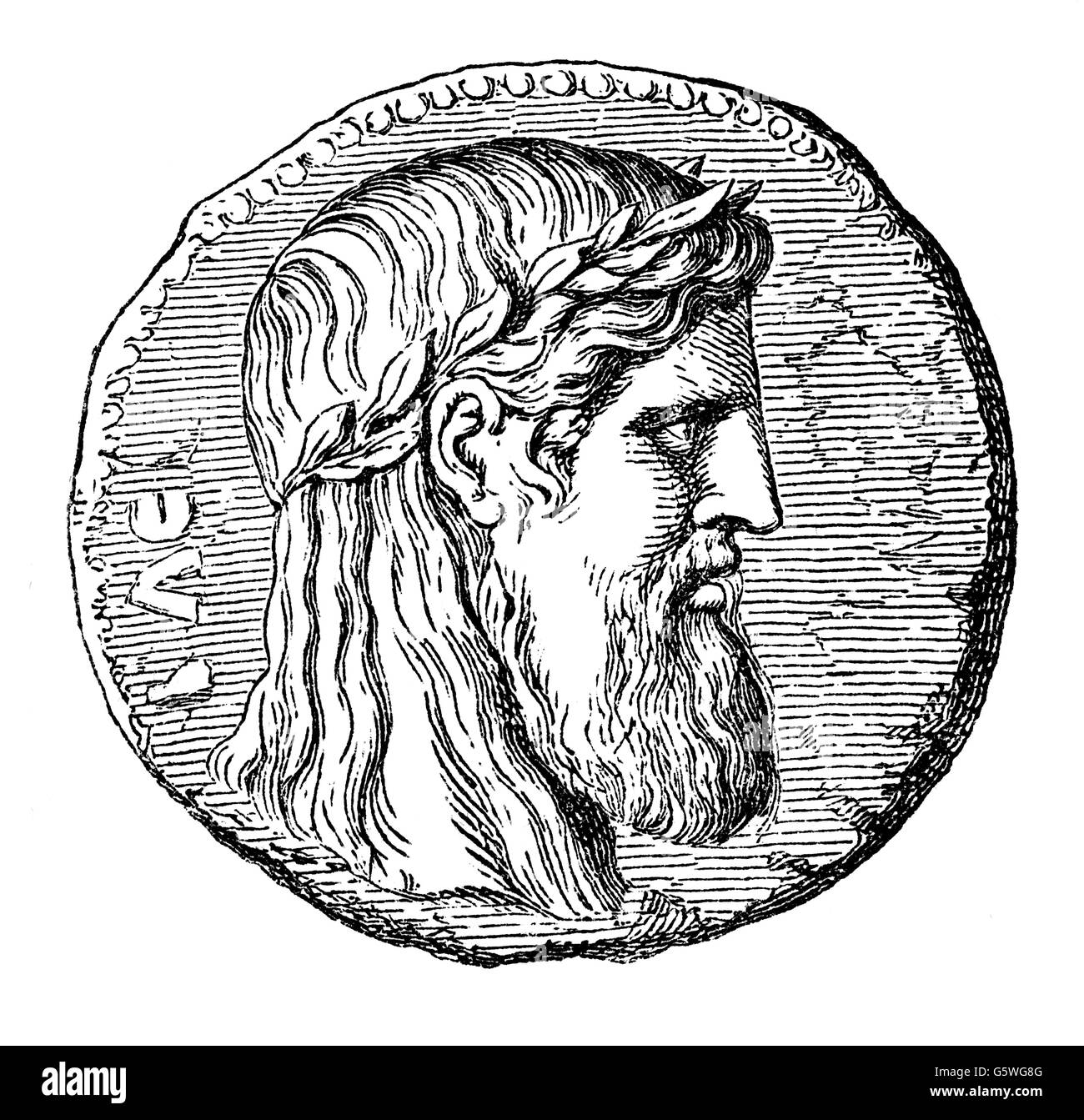 money / finances, coins, ancient world, Greece, coin, obverse, portrait of the Olympic Zeus, silver, Elis, circa 320 BC, wood engraving, 1869, Additional-Rights-Clearences-Not Available Stock Photo