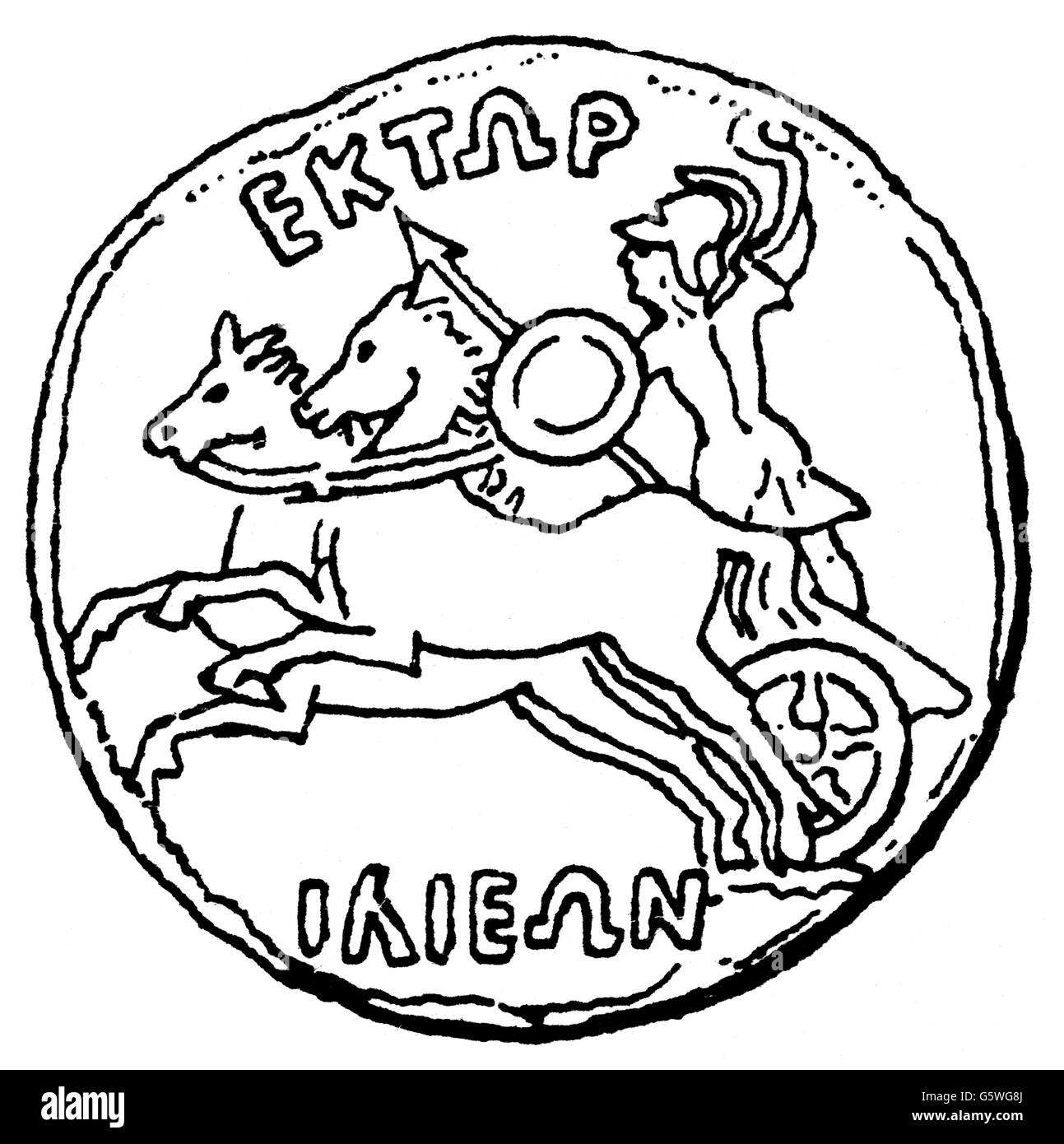 money / finances, coins, ancient world, Greece, coin with the picture of Hector on the chariot, Troy, wood engraving, ancient world, ancient times, Greek, Grecian, numismatics, Trojan war, Iliad, mythology, hero, heroes, horse, horses, chariot, inscription, epigraphs, inscriptions, coin, coins, historic, historical, people, ancient world, Additional-Rights-Clearences-Not Available Stock Photo