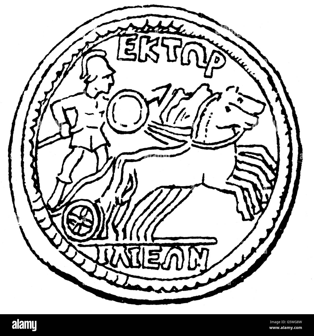 money / finances, coins, ancient world, Greece, coin with the picture of Hector on the chariot, Troy, wood engraving, ancient world, ancient times, Greek, Grecian, numismatics, Trojan war, Iliad, mythology, hero, heroes, horse, horses, chariot, inscription, epigraphs, inscriptions, coin, coins, historic, historical, people, ancient world, Additional-Rights-Clearences-Not Available Stock Photo
