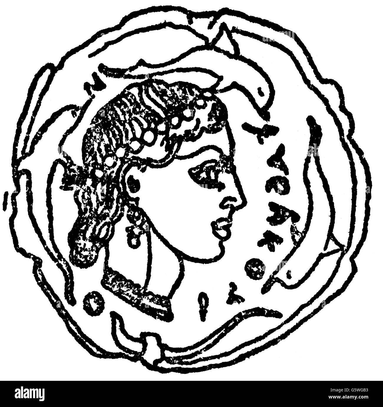 money / finances, coins, ancient world, Greece, coin, portrait of the nymph Arethusa, Syracuse, circa 465 BC, drawing, 20th century, ancient world, ancient times, Greek, Grecian, numismatics, religion, religions, deity, divinity, deities, portrait, profile, side-face, profiles, dolphin, dolphins, tutelary goddess of Syracuse, nymph, nymphs, coin, coins, historic, historical, ancient world, woman, women, female, people, Additional-Rights-Clearences-Not Available Stock Photo