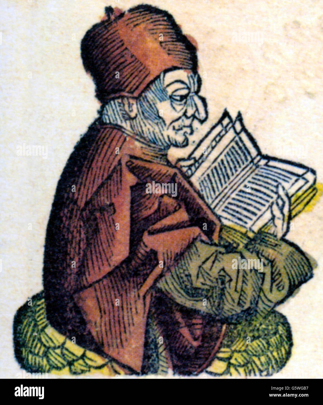 Plutarch of Chaironea, circa 45 - circa 125, Greek historian, half length, woodcut by Michael Wolgemut or Wilhelm Pleydenwurff, chronicle of Hartmann Schedel, Nuremberg, 1493, Artist's Copyright has not to be cleared Stock Photo