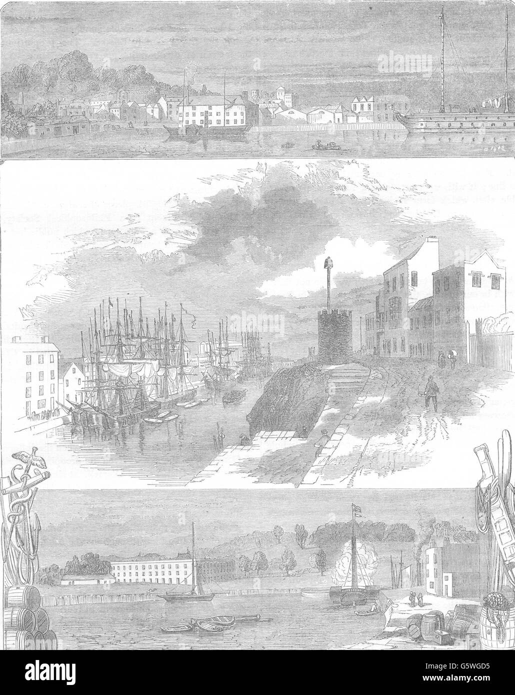 SOMERSET: Floating Dock; The Quay; Cumberland Basin, antique print 1850 Stock Photo