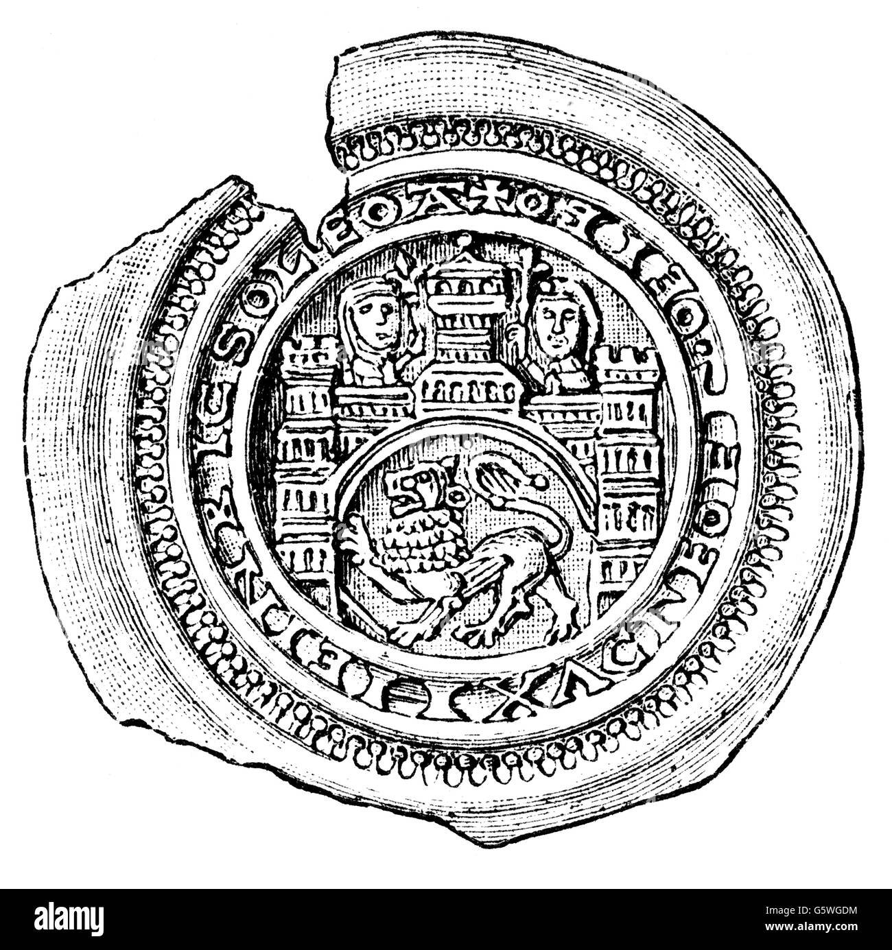 money / finances, coins, Germany, bracteate, by duke Henry the Lion, silver, 12th century, wood engraving, by C.L. Becker, 19th century, 12th century, Middle Ages, medieval, mediaeval, numismatics, Holy Roman Empire, Guelf, House of Welf, Guelph, Welf dynasty, Henry the Lion, lion, lions, coins, coin, duke, dukes, gate, gates, city, historic, historical, people, Additional-Rights-Clearences-Not Available Stock Photo