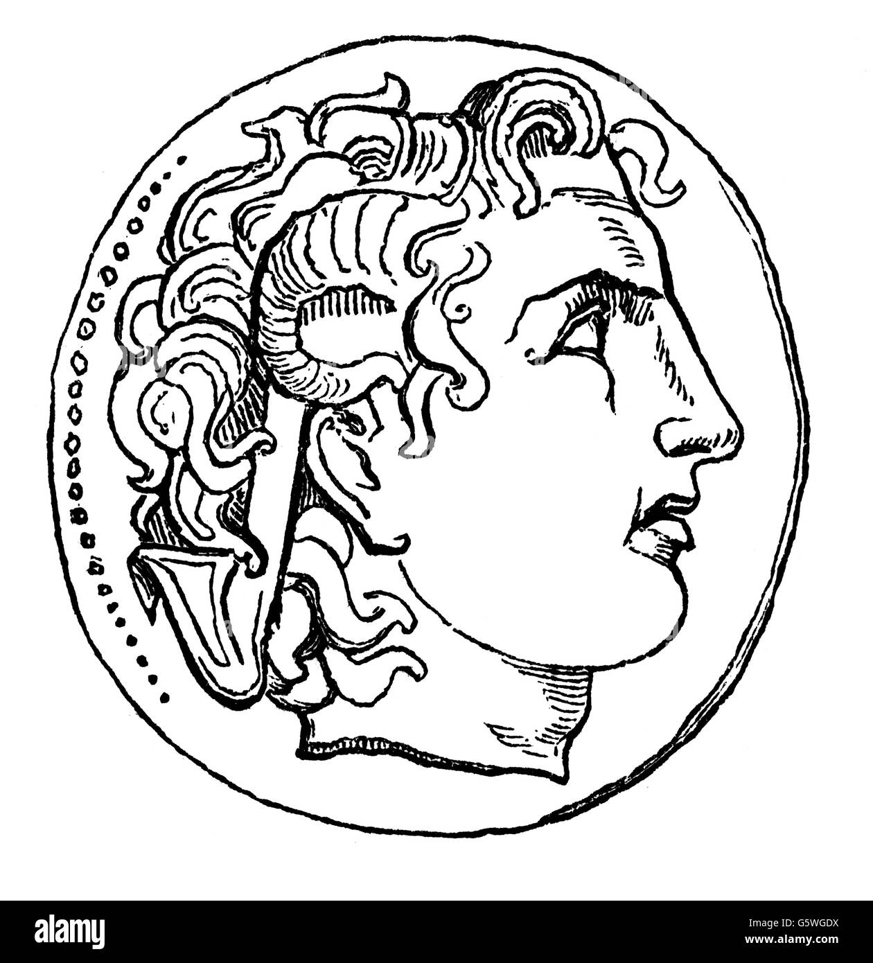 money / finances, coins, Greece, coin, with head of Alexander Great as Zeus Ammon, coined by Lysimachus, Thrace, 4th century BC, wood engraving,  from: book of inventions, trades and industries, Otto Spamer publishing house, Leipzig - Berlin, 1864 - 1867, Additional-Rights-Clearences-Not Available Stock Photo