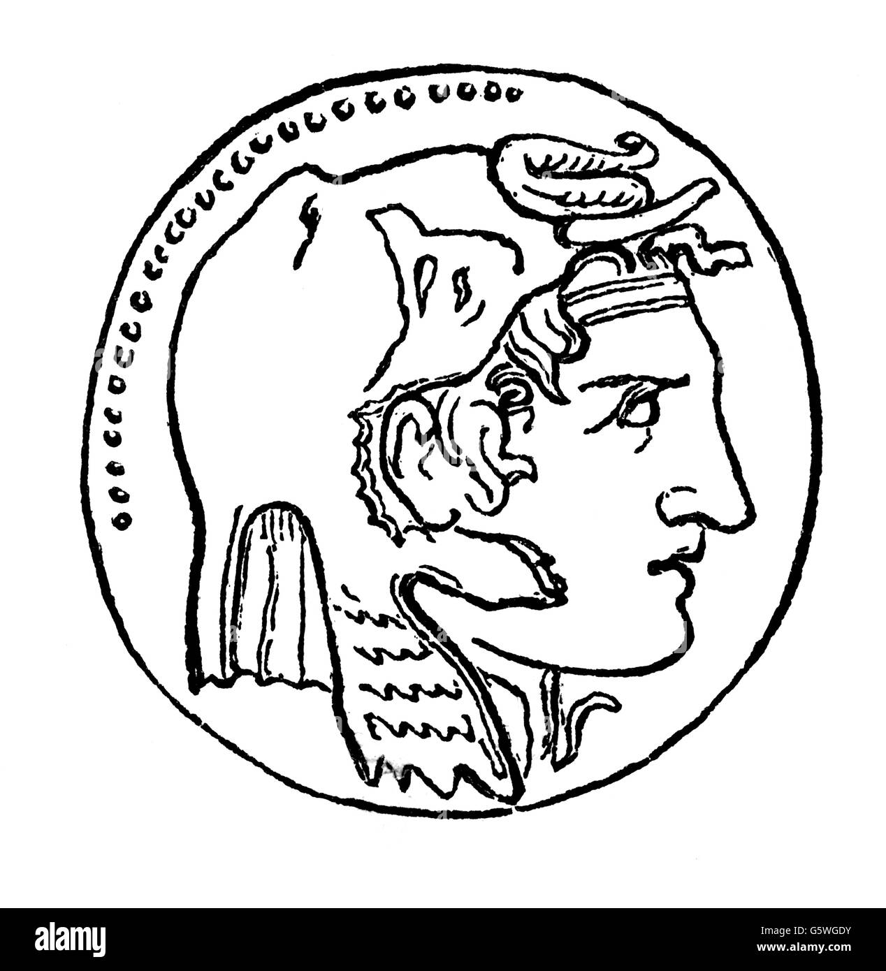 money / finances, coins, Greece, coin, with head of Alexander Great as conquerer of India, coined by Ptolemy I, Egypt, 4th century BC, wood engraving,  from: book of inventions, trades and industries, Otto Spamer publishing house, Leipzig - Berlin, 1864 - 1867, Additional-Rights-Clearences-Not Available Stock Photo
