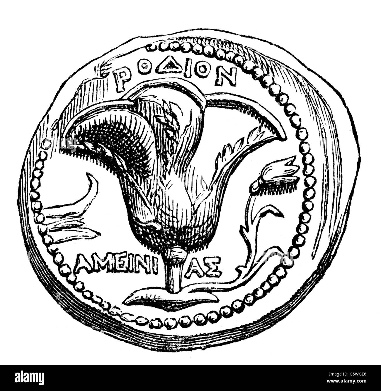 money / finances, coins, ancient world, Greece, tetradrachm, reverse, rose, Rhodes, 304 - 189 BC, wood engraving, from: 'Le Magasin Pittoresque', Paris, 1865, Additional-Rights-Clearences-Not Available Stock Photo