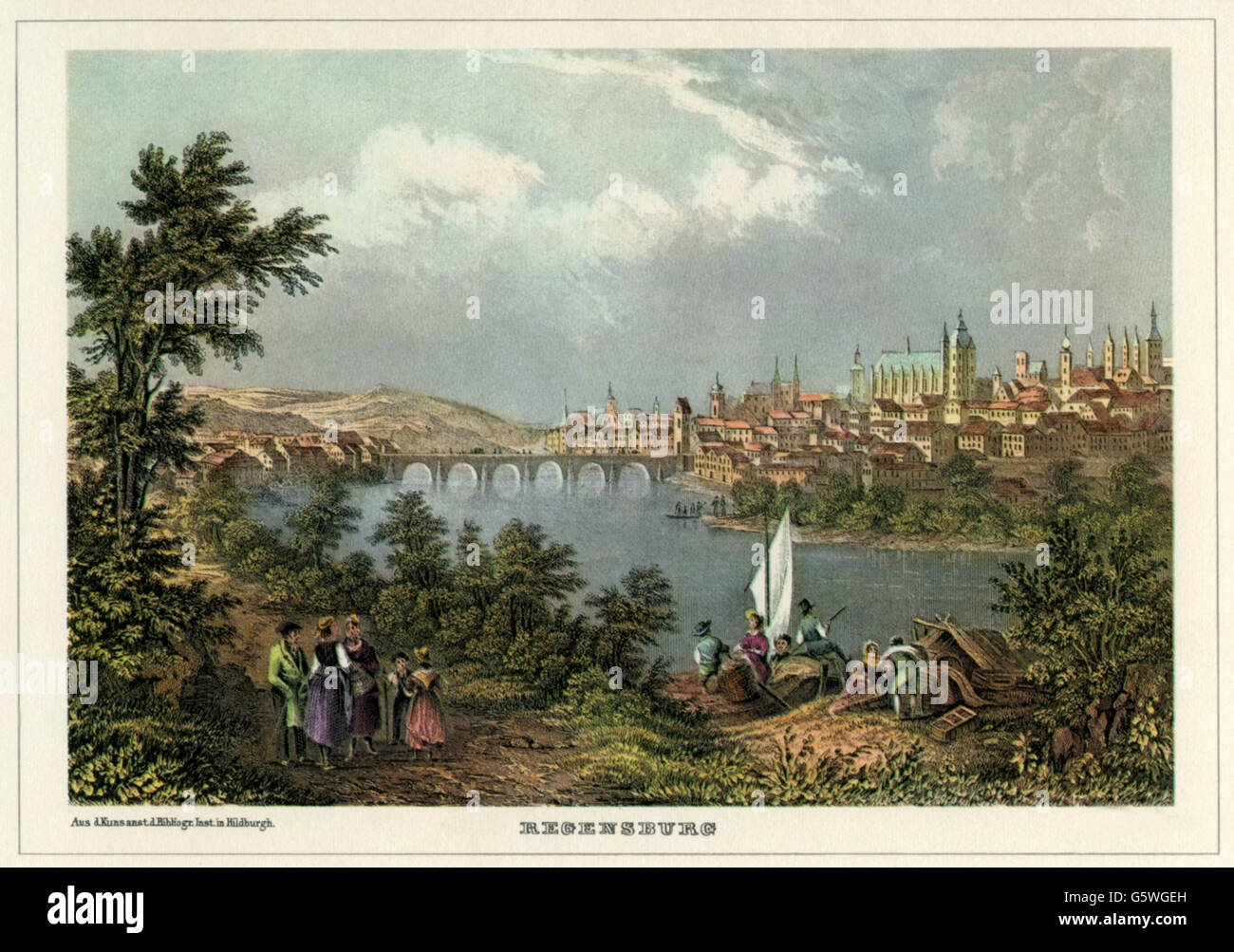 geography / travel, Germany, Regensburg, view, steel engraving, mid 19th century, Ratisbon, river, rivers, Danube, bridge, bridges, people, landscape, landscapes, Kingdom of Bavaria, Upper Palatinate, Central Europe, historic, historical, Additional-Rights-Clearences-Not Available Stock Photo