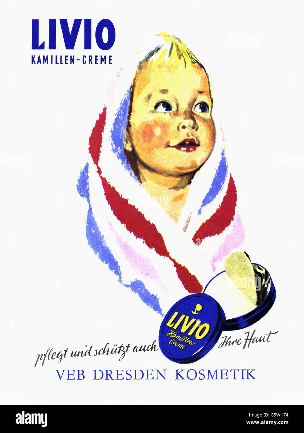 advertising, cosmetics, 'Livio' camomile cream, producer: VEB Dresden Kosmetik, advertisement, 1970s, Additional-Rights-Clearences-Not Available Stock Photo