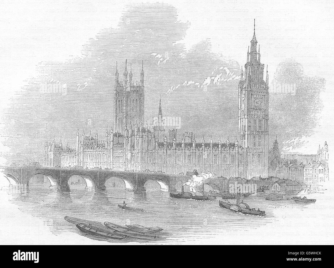 HOUSES OF PARLIAMENT: The new Palace of Westminster from Hungerford Bridge, 1850 Stock Photo