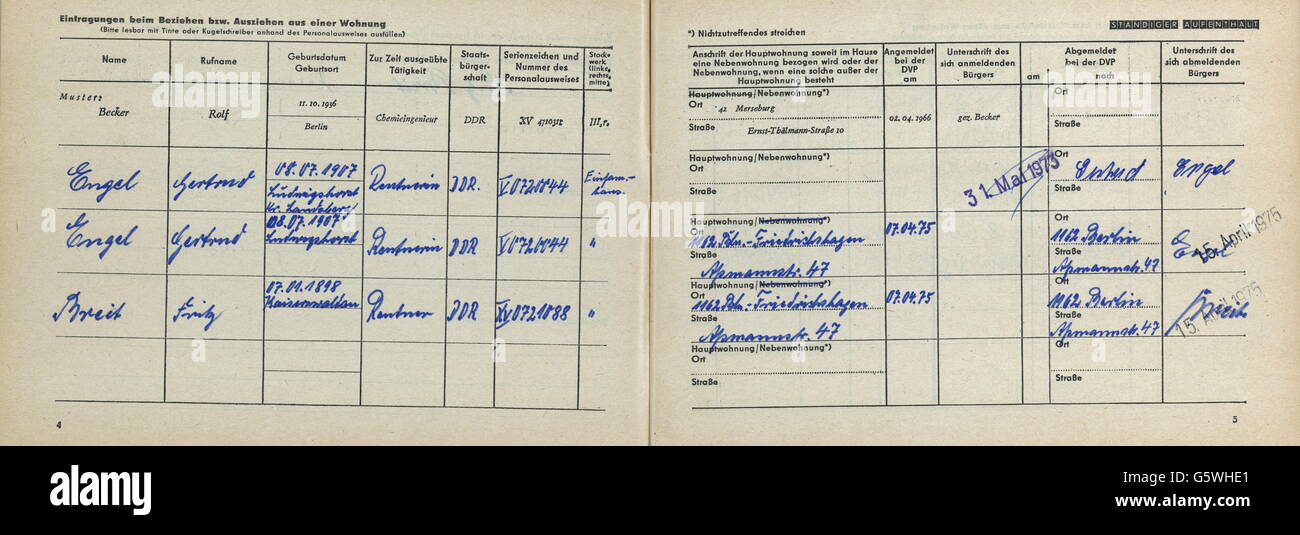 politics, Germany, East-Germany, housebook, core, registration of move-ins and move-outs, 1970s, Additional-Rights-Clearences-Not Available Stock Photo