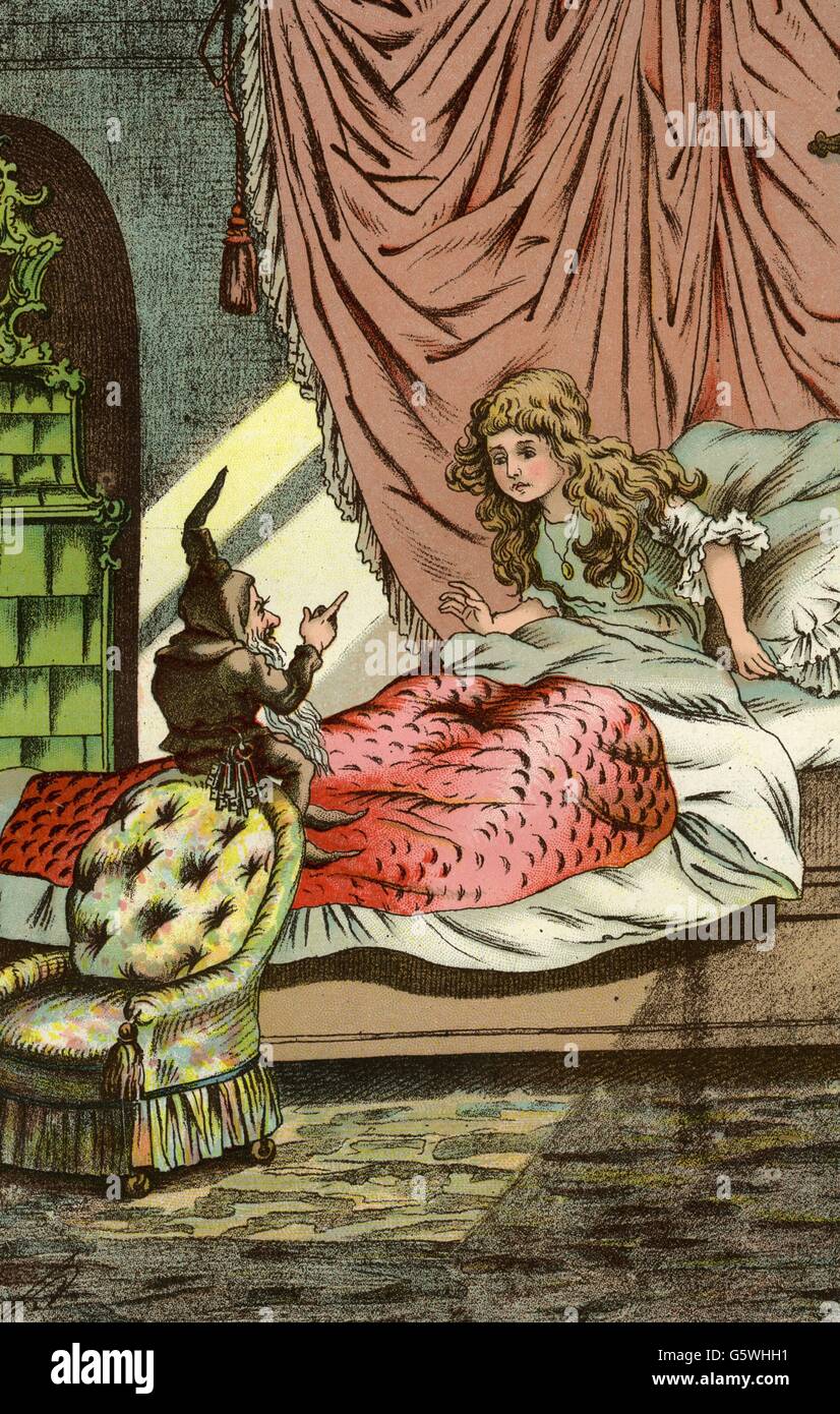 literature, fairytales, Grimm Brothers, Rumpelstiltskin, colour print