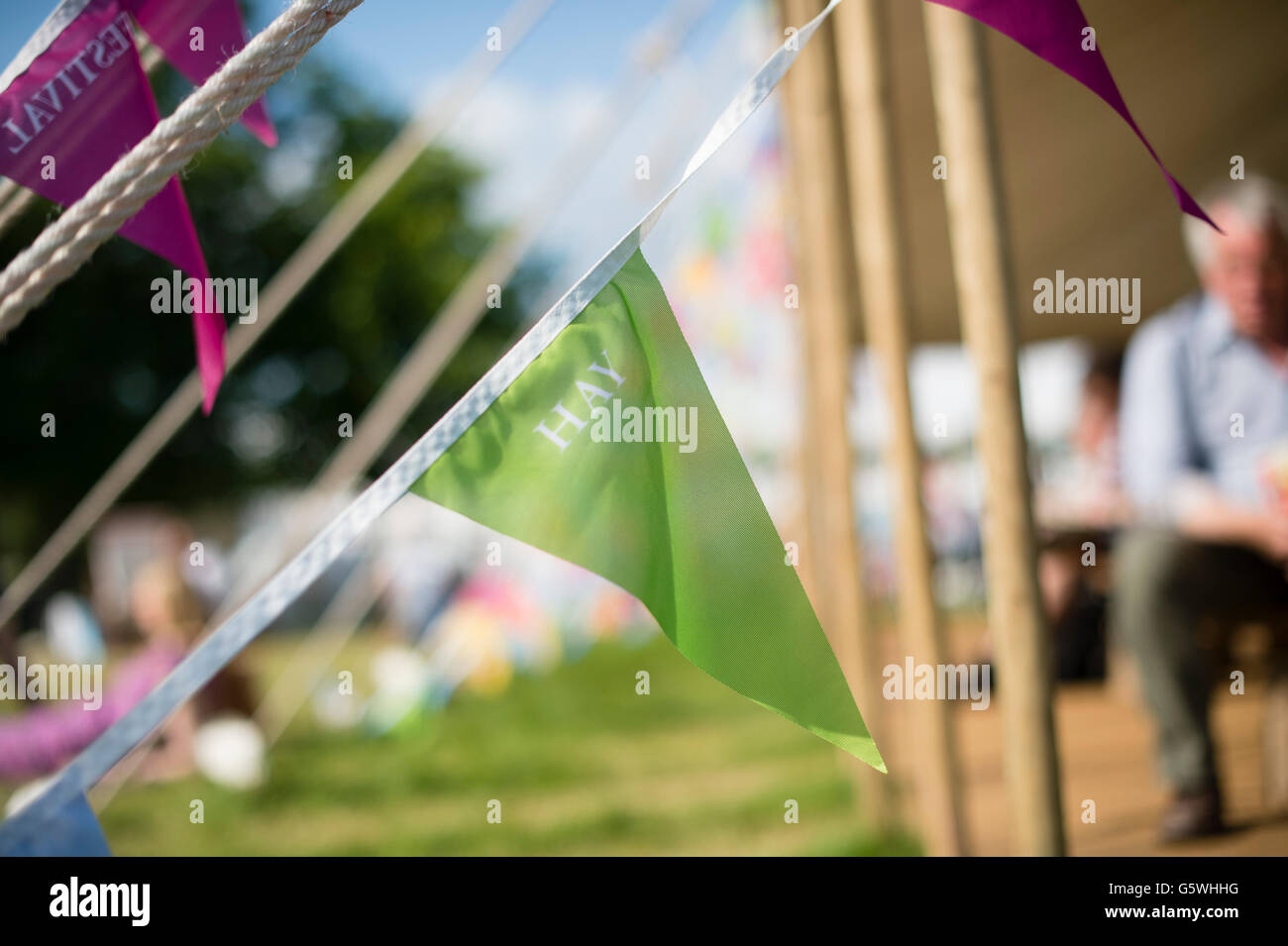 Colourful bunting on the pavilions at The Hay Festival of Literature and the Arts, Hay on Wye, Powys, Wales UK, June 03 2016 Stock Photo