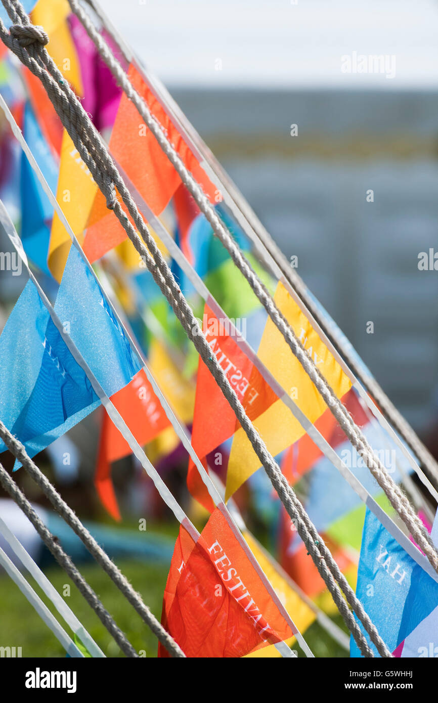 Colourful bunting on the pavilions at The Hay Festival of Literature and the Arts, Hay on Wye, Powys, Wales UK, June 03 2016 Stock Photo