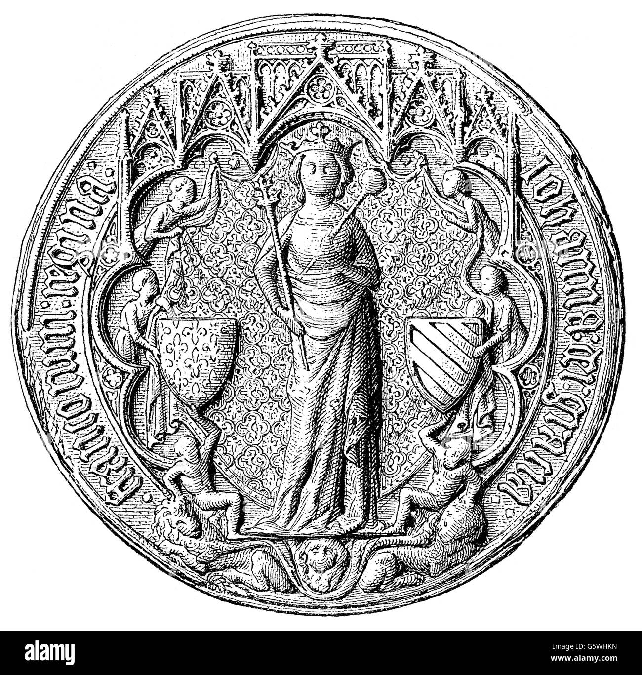 Joan I, 14.1.1273 - 2.4.1305, Queen of Navarre 22.7.1274 - 2.4.1305, Queen of France 5.10.1285 - 2.4.1305, full length, seal, wood engraving, 19th century, Stock Photo