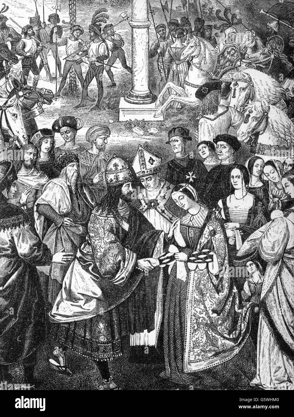 Frederick III 'the Peaceful', 21.9.1415 - 19.8.1493, Holy Roman Emperor 16.3.1452 - 19.8.1493, engagement with princess Eleanor of Portugal, 1451, wood engraving after painting, 19th century, Artist's Copyright has not to be cleared Stock Photo