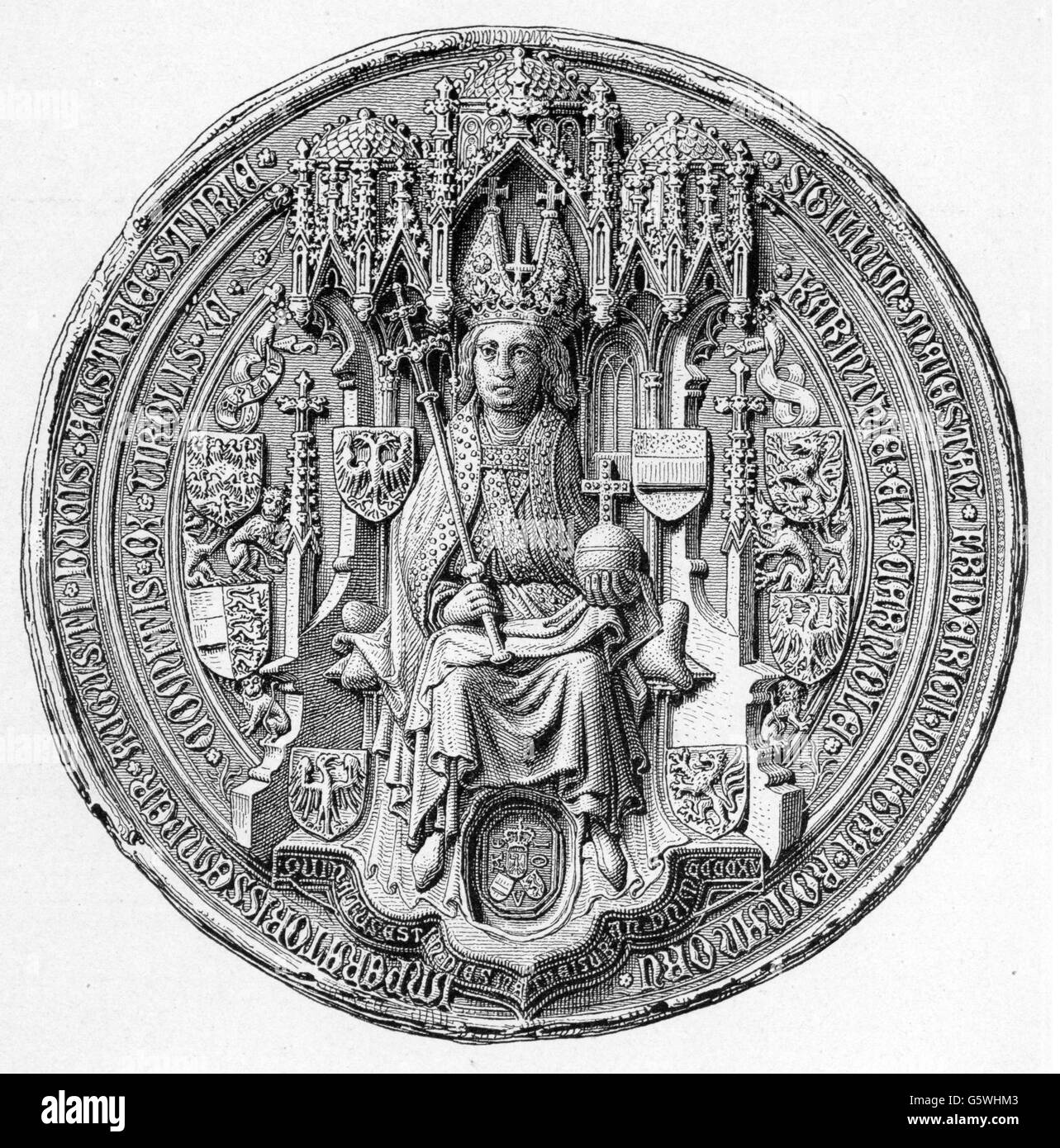 Frederick III 'the Peaceful', 21.9.1415 - 19.8.1493, Holy Roman Emperor 16.3.1452 - 19.8.1493, full length, seal, obverse, 15th century, wood engraving, 19th century, Stock Photo