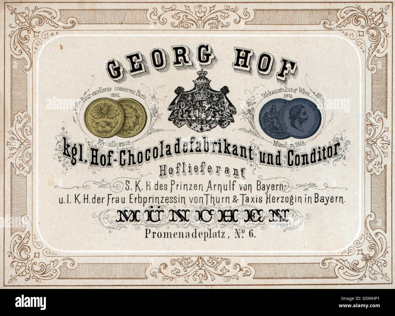 advertising, food, chocolate, label of the chocolate manufacturer and confectioner Georg Hof, Munich, late 19th century, Royal Bavarian warrant of appointment, coat of arms, Kingdom of Bavaria, industry, industries, German Empire, Imperial Era, food, foodstuff, chocolate, chocolates, label, labels, historic, historical, Additional-Rights-Clearences-Not Available Stock Photo