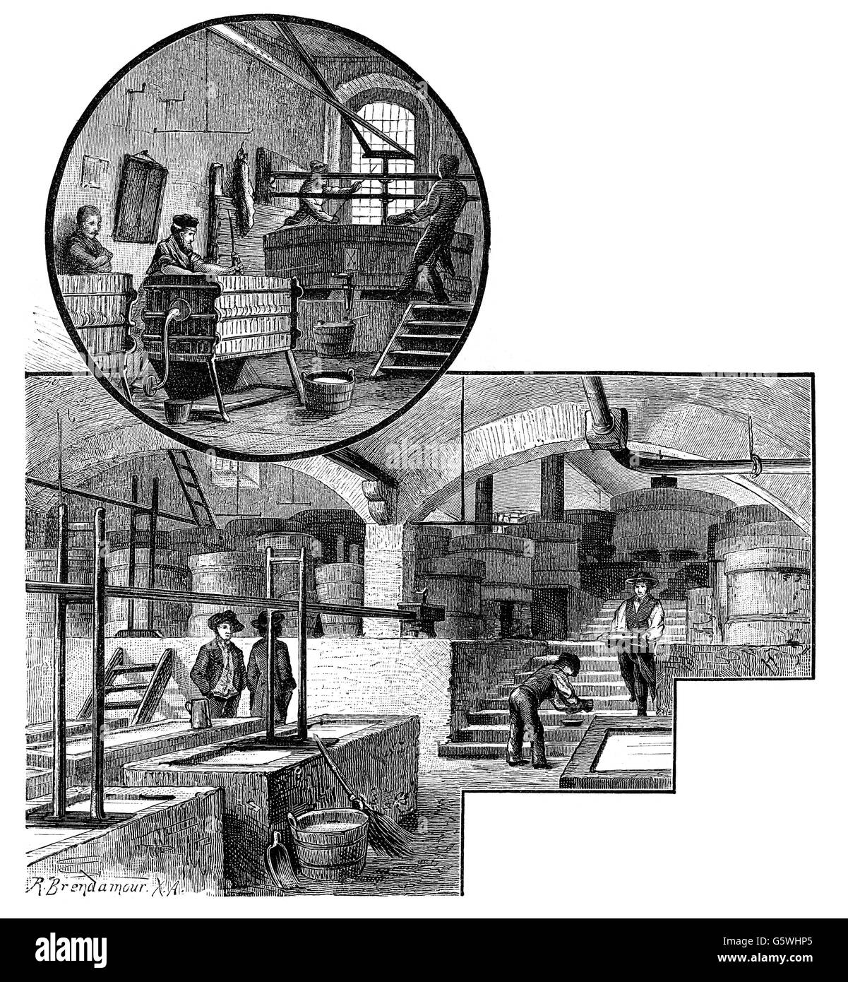 industry, porcelain, elutriation machine, Meissen porcelain factory, wood engraving by Robert