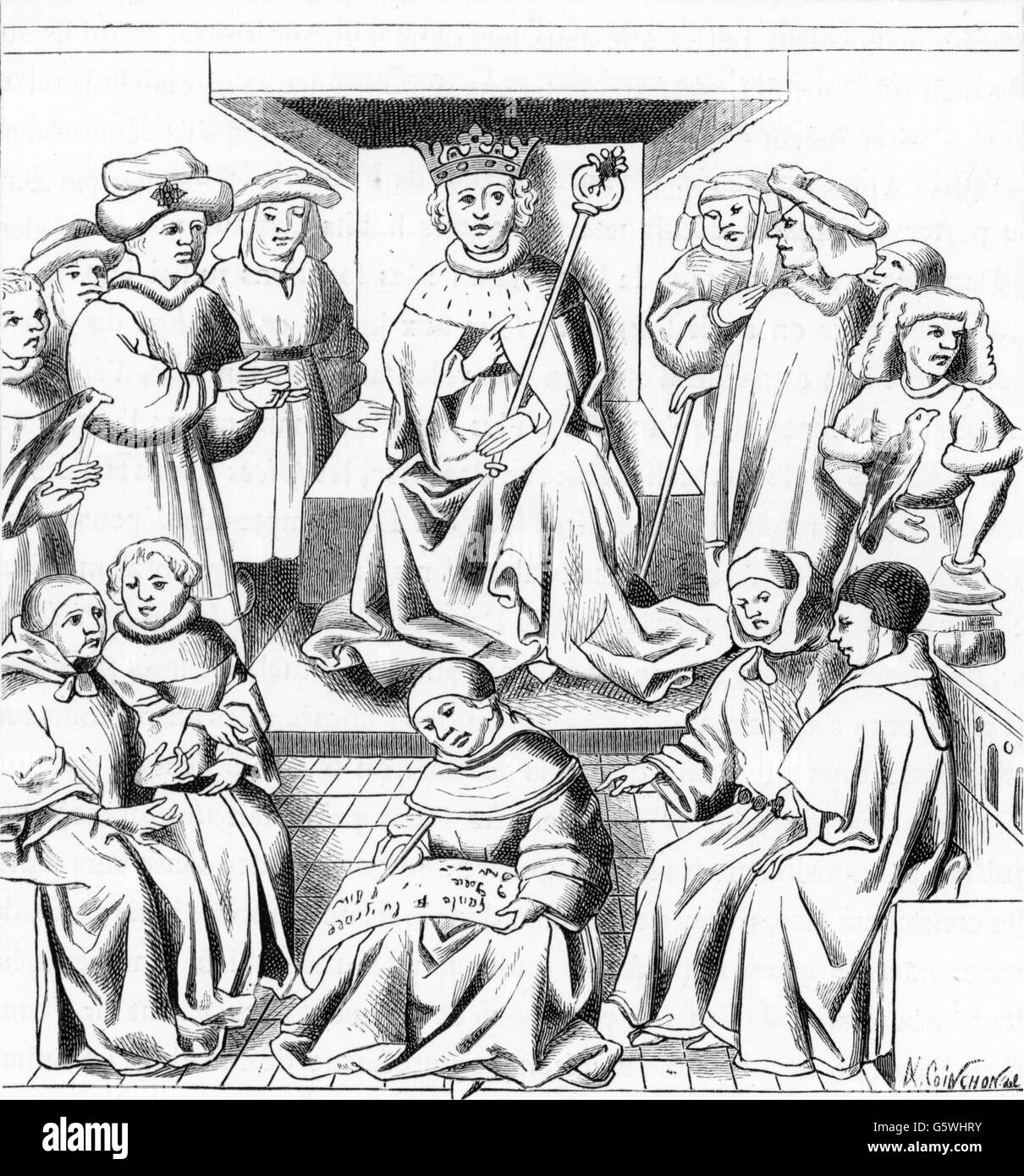 justice, courtroom scenes, court proceedings presided by the king ordering an arrest, after a cameo, from: 'Information des rois', 15th century, Bibliotheque de l'Arsenal, Paris, wood engraving, by Coinchon, 19th century, Additional-Rights-Clearences-Not Available Stock Photo