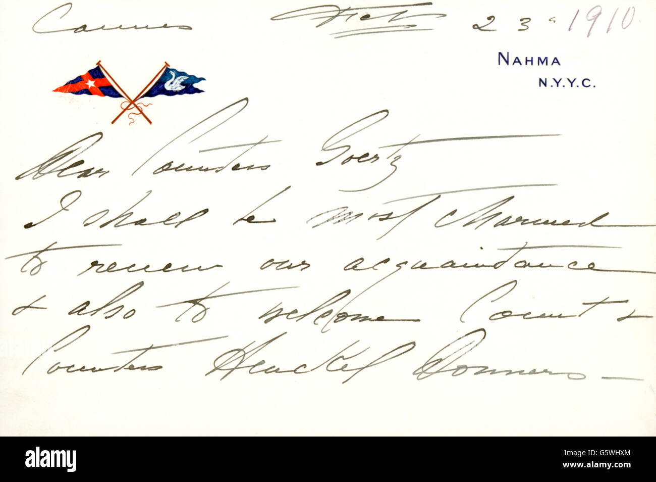 Goelet, Robert, 29.9.1841 - 27.4.1899, American businessman, invitation card of his wife Henrietta to the countess Goertz for a visit on her yacht 'Nahma', Cannes, 23.2.1910, Stock Photo