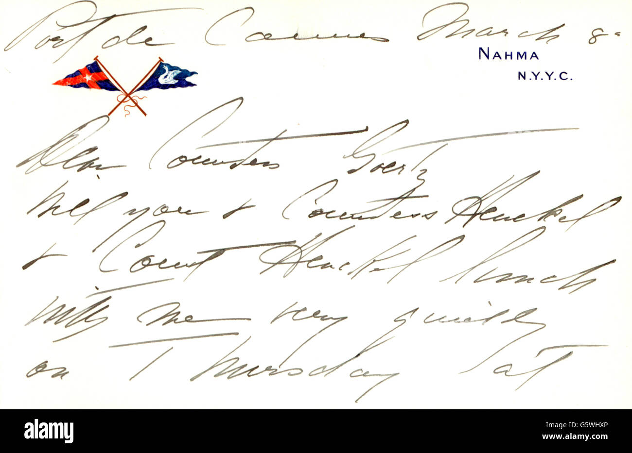 Goelet, Robert, 29.9.1841 - 27.4.1899, American businessman, invitation card of his wife Henrietta to the countess Goertz for lunch on her yacht 'Nahma', Cannes, 8.3.1910, Stock Photo