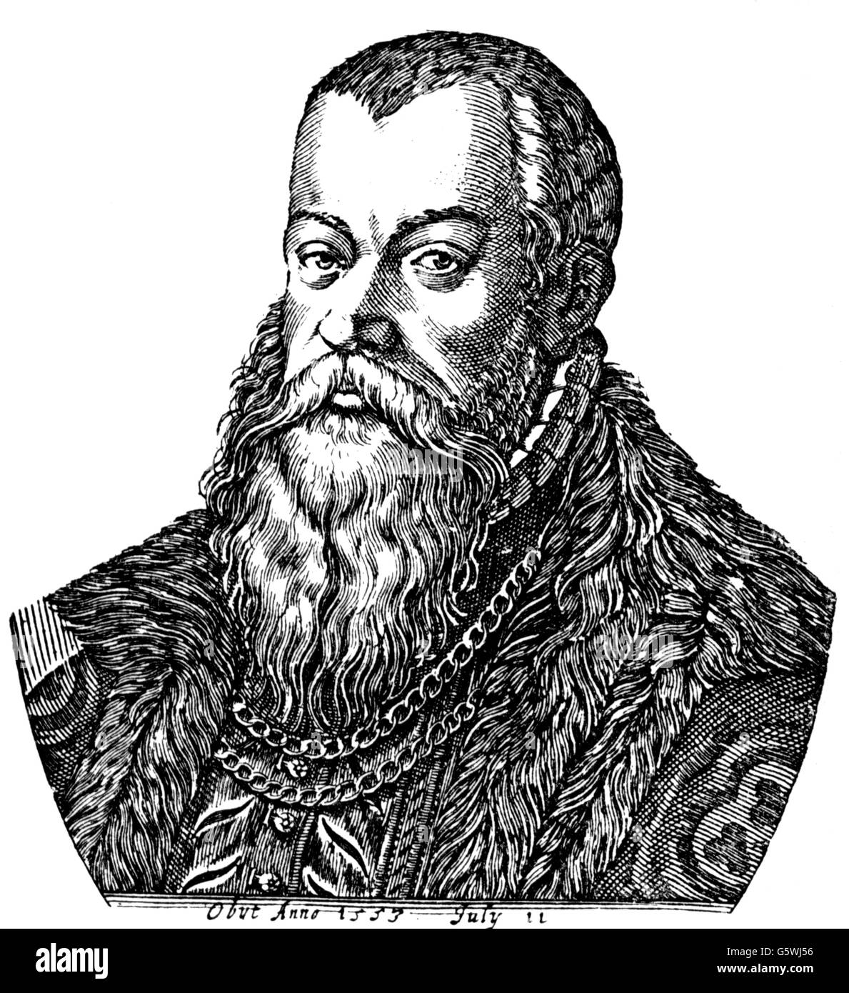 Maurice, 21.3.1521 - 11.7.1553, Prince-Elector of Saxony 18.8.1547 - 11.7.1553, portrait, wood engraving, 19th century, Stock Photo