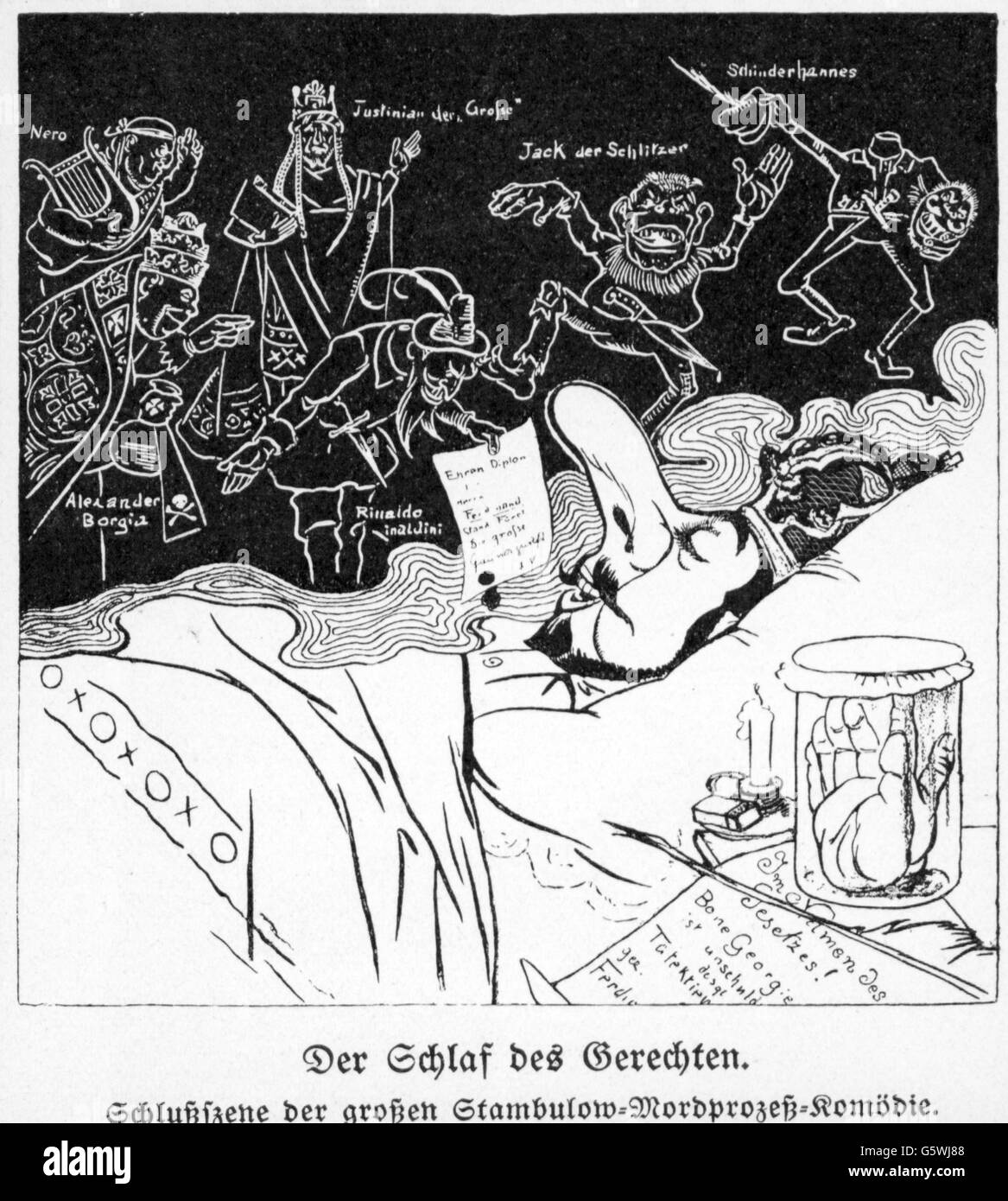 Ferdinand I, 26.2.1861 - 10.9.1948, King of Bulgaria 7.7.1908 - 3.10.1918, Prince 7.7.1887 - 7.7.1808, caricature, 'The sleep of the Just', drawing, 'Süddeutscher Postillion', 1897, Stock Photo