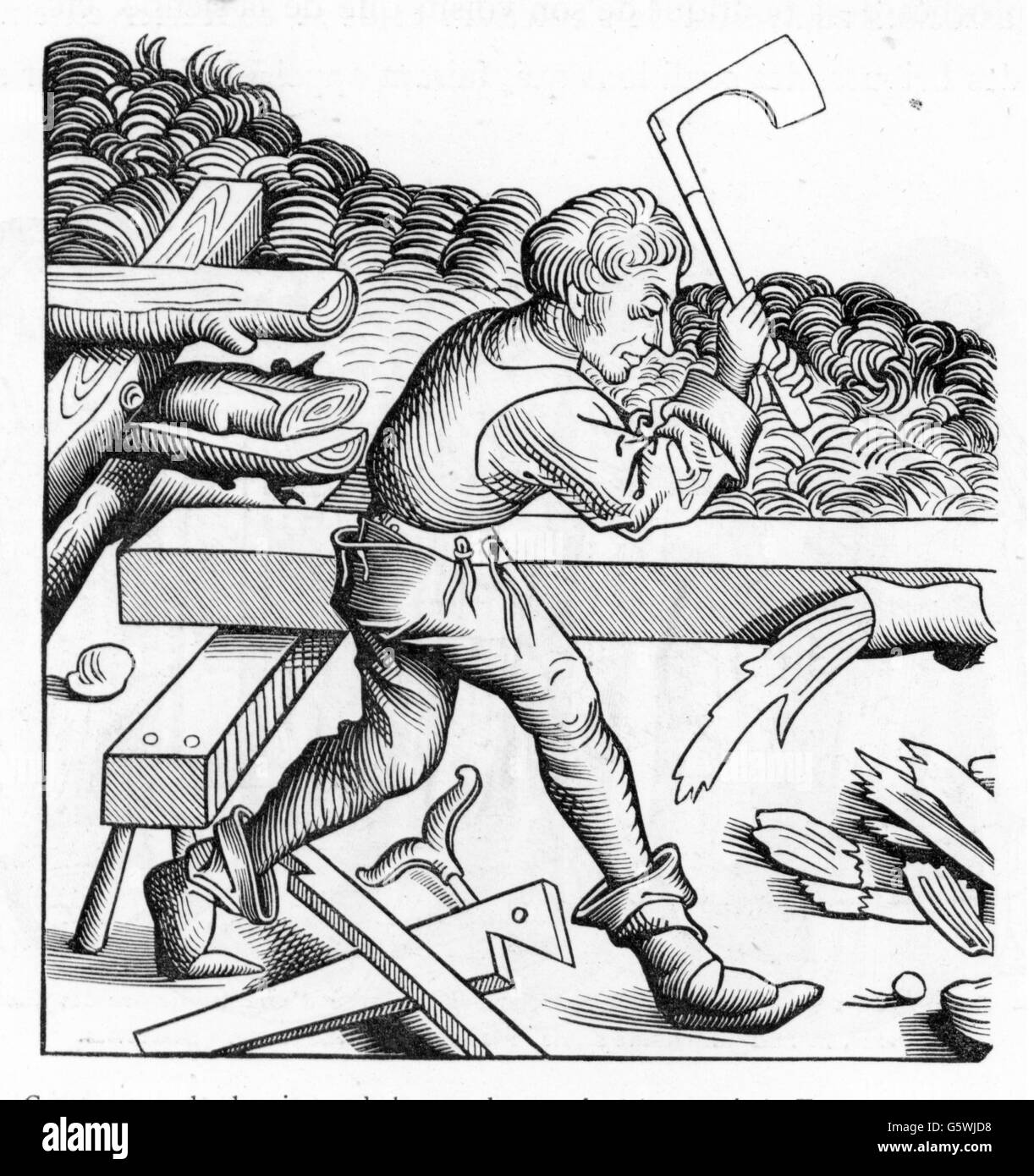 people, profession, carpenter, dealing with wood, woodcut by Michael Wolgemut or Wilhelm Pleydenwurff for the chronicle of Hartmann Schedel, Nuremberg, 1493, Artist's Copyright has not to be cleared Stock Photo