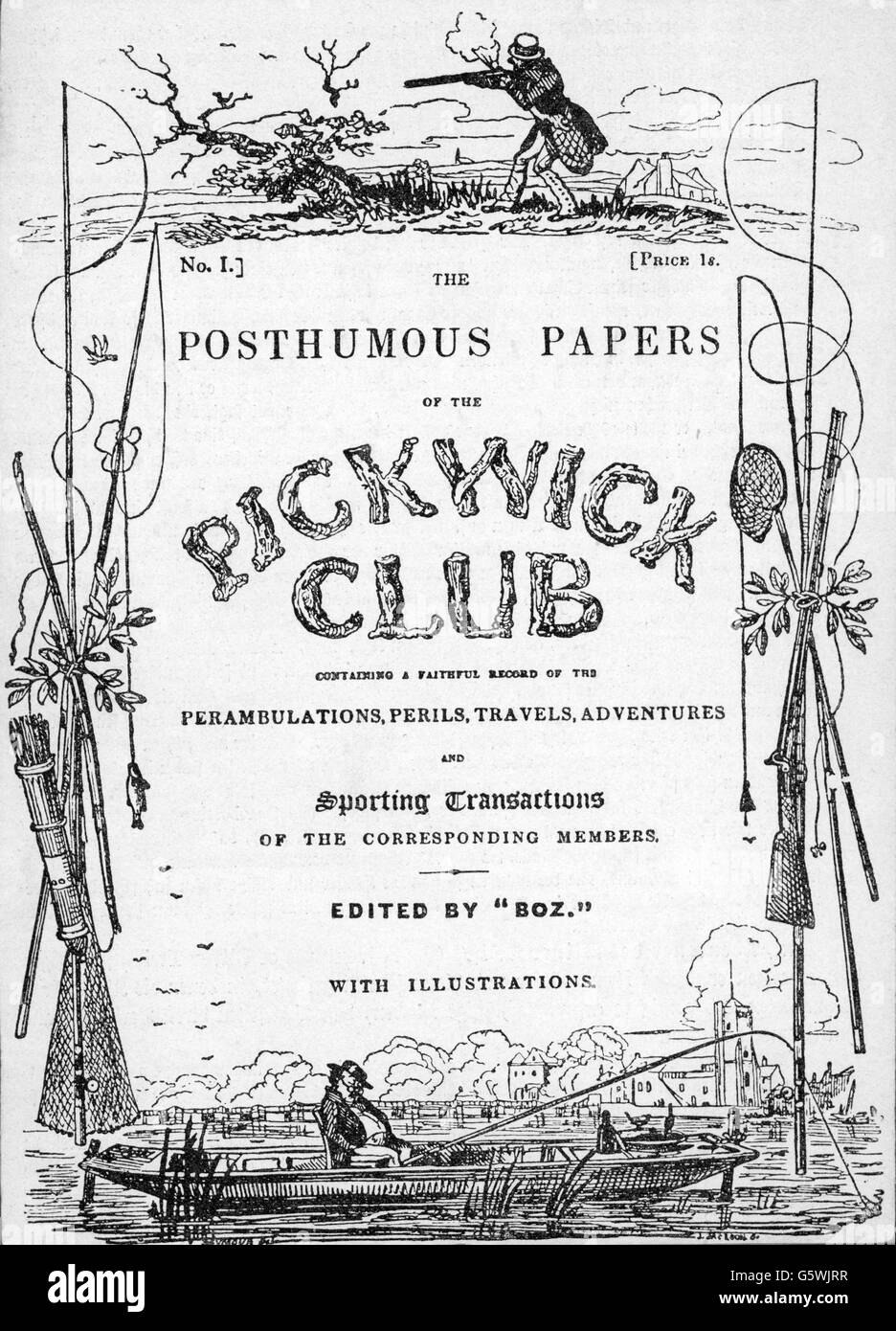 Dickens, Charles, 7.2.1812 - 9.7.1870, English author / writer, works, 'The Posthumous Papers of the Pickwick Club', title page, first edition, Chapman & Hall, London, 1837, Stock Photo