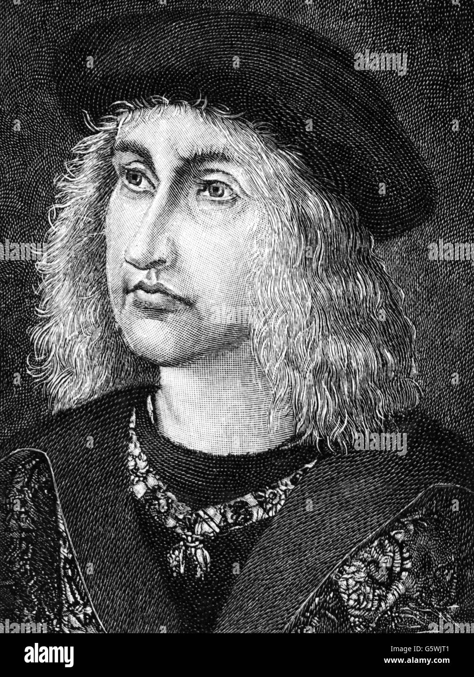 Albert 'the Bold', 31.7.1443 - 12.9.1500, Duke of Saxony 7.9.1464 - 12.9.1500, portrait, wood engraving, 19th century, Stock Photo