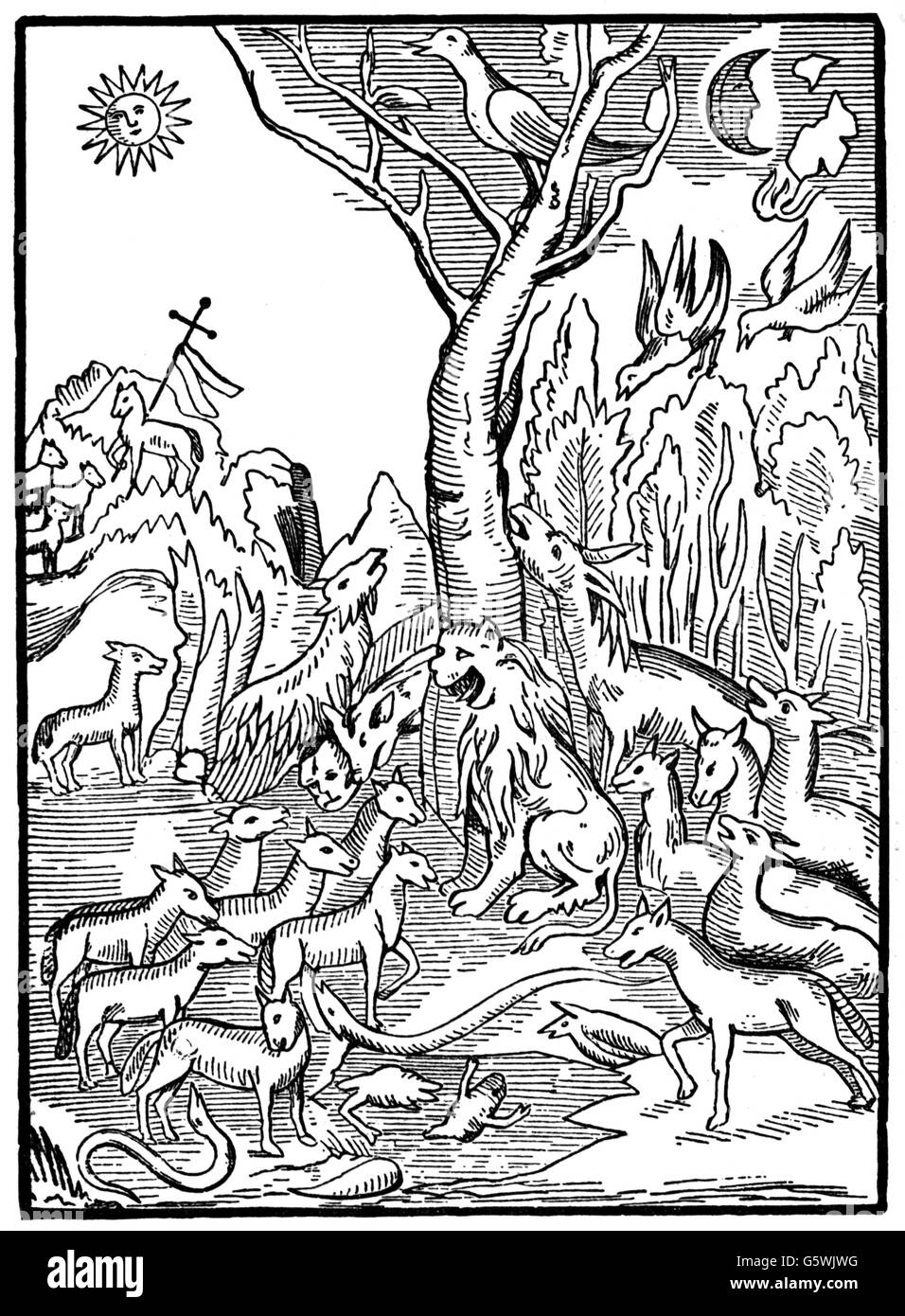 Sachs, Hans, 5.11.1494 - 19.1.1576, German author / writer, Meistersinger, works, 'Die Wittenbergische Nachtigall' (The Wittenberg Nightingale), title page, woodcut, Nuremberg, 1523, Stock Photo