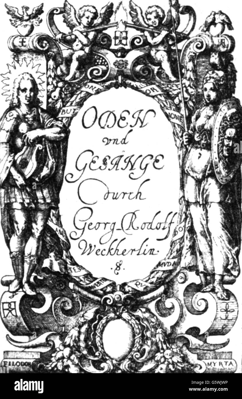 Weckherlin, Georg Rudolf, 15.9 1584 - 13.2.1653, German author / writer, works, 'Oden und Gesänge'  (Odes and Chants), title page, copper engraving, Stuttgart, 1618, Artist's Copyright has not to be cleared Stock Photo