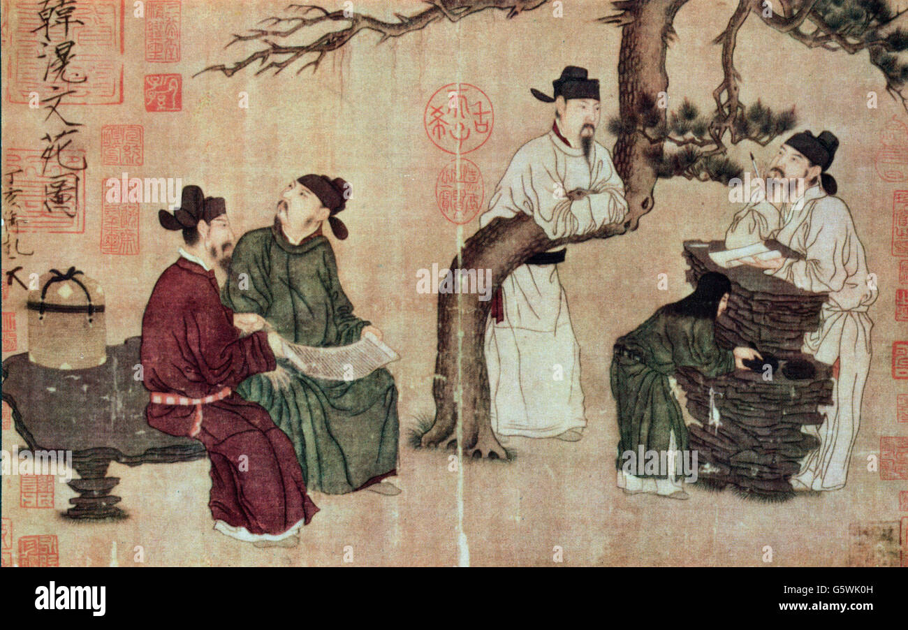 Chinese scholars in garden the literature, 8th century Stock Photo