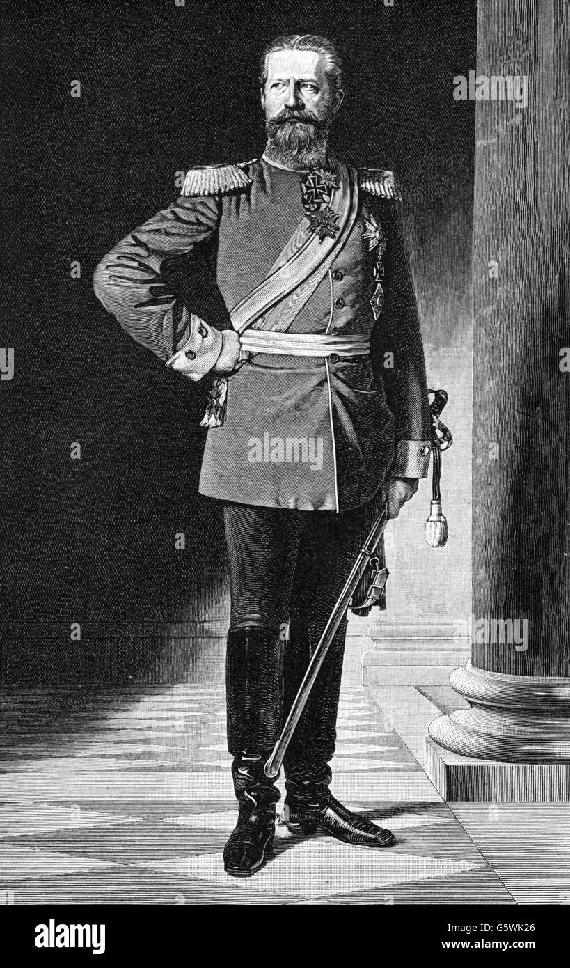 Frederick III, 18.10.1831 - 15.6.1888, German Emperor 9.3. - 15.6.1888, full length, wood engraving after painting by Heinrich von Angeli, circa 1880, Stock Photo