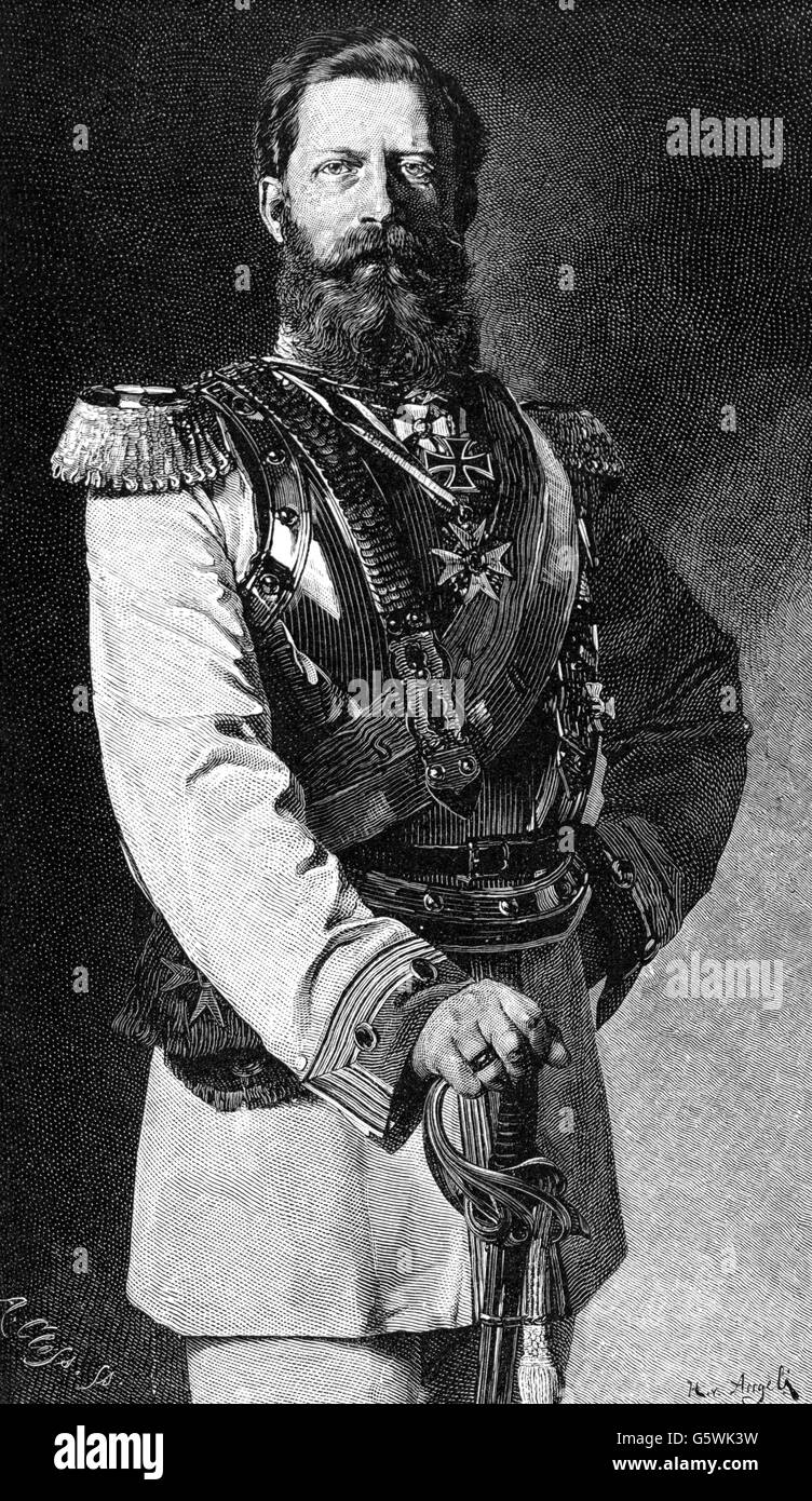 Frederick III, 18.10.1831 - 15.6.1888, German Emperor 9.3. - 15.6.1888, half length, wood engraving after painting by Heinrich von Angeli, 1874, Stock Photo
