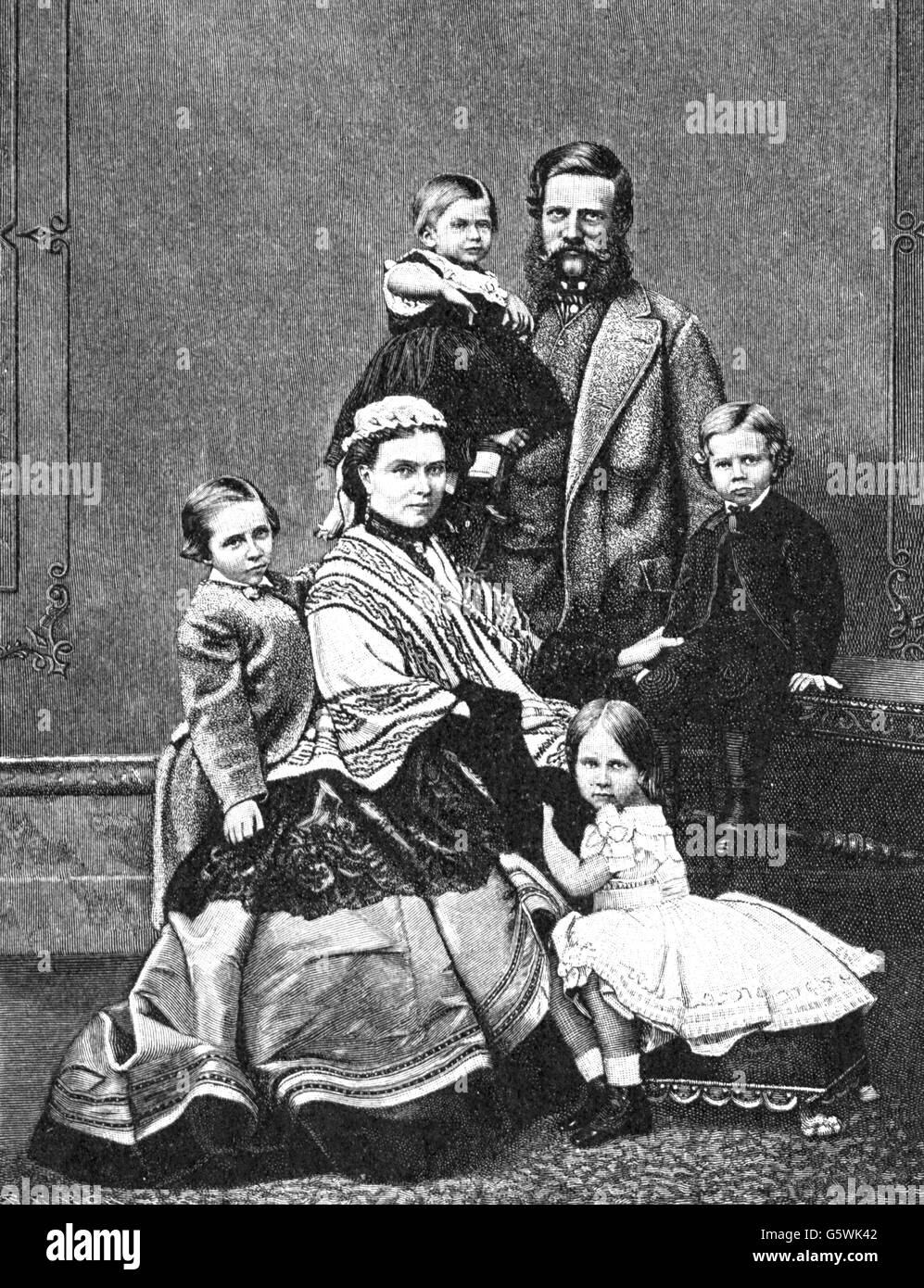 Frederick III, 18.10.1831 - 15.6.1888, German Emperor 9.3. - 15.6.1888, with wife Victoria Adelaide, children Prince William, prince Henry, Princess Charlotte and Princess Viktoria, wood engraving after photograph, 1867, Stock Photo