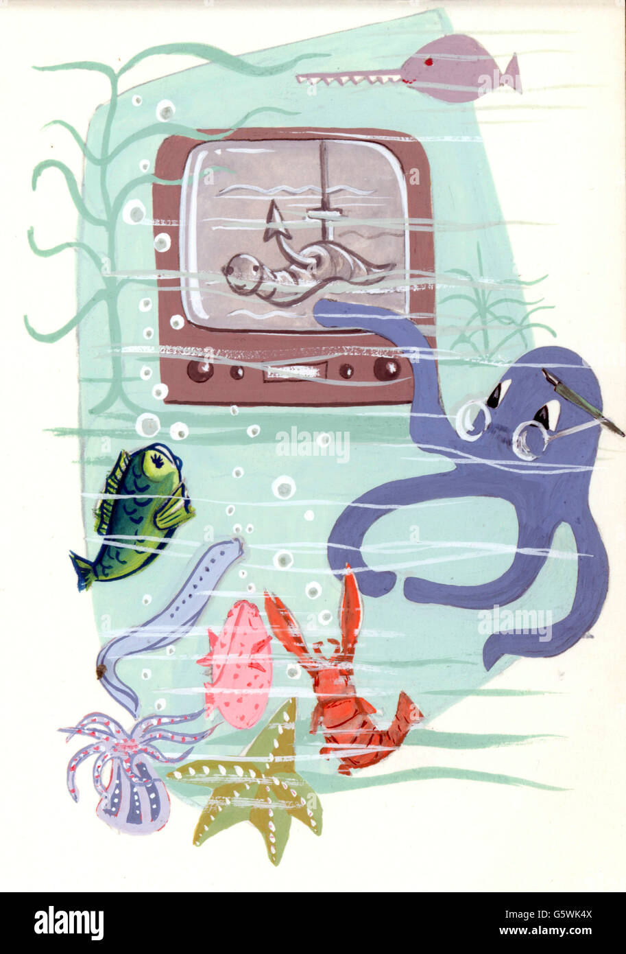literature, illustrations, octopus explaining other sea creatures what a fishing bait is, draft for an unpublished storybook, unknown artist, Germany, 1950s, Additional-Rights-Clearences-Not Available Stock Photo