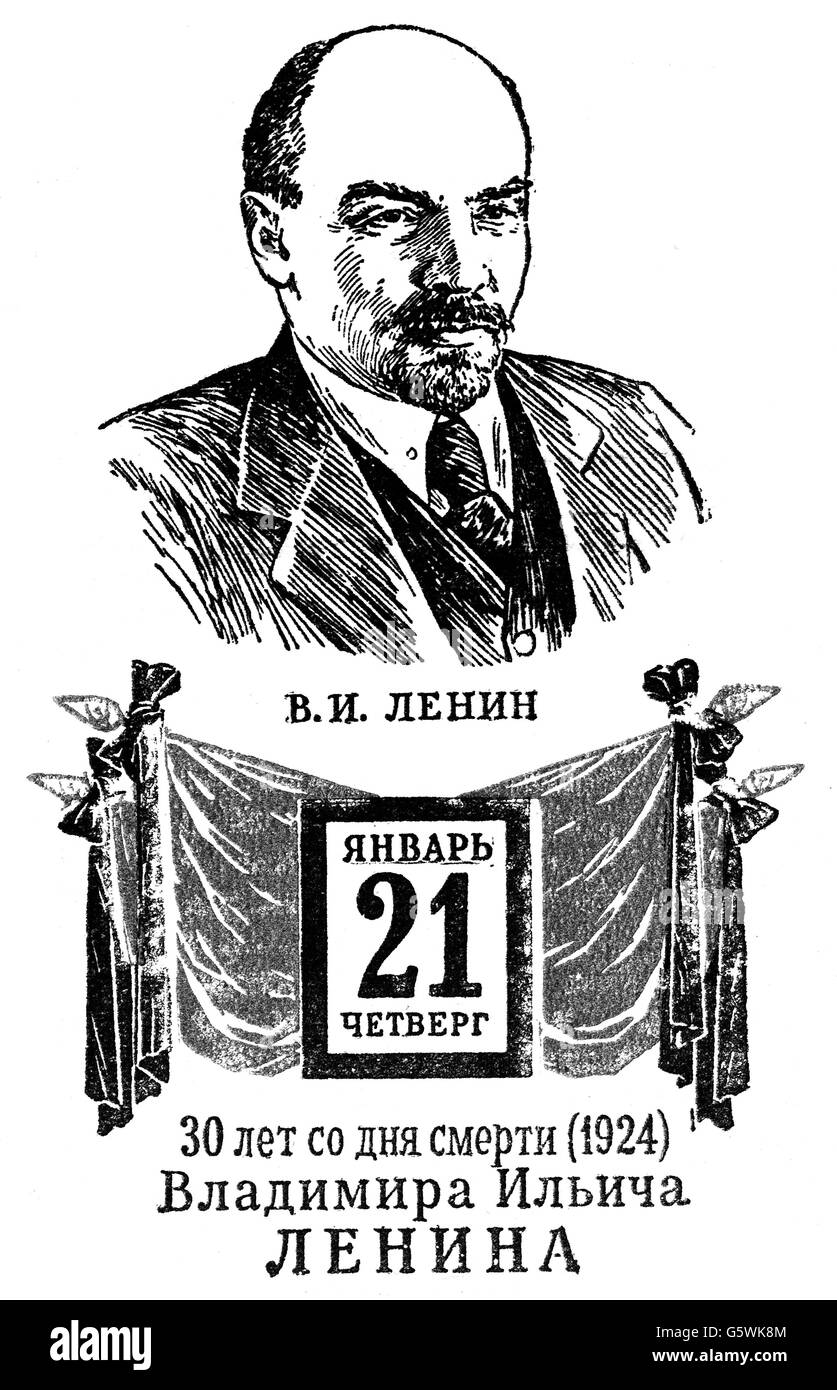 Lenin (Vladimir Ilyich Ulyanov), 22.4.1870 - 21.1.1924, Russian politician, portrait, decorative sheet on occasion of his death, wood engraving, 1924, Stock Photo
