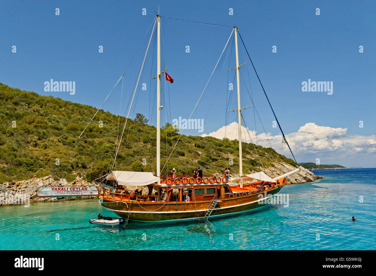 Gulet cruise or day trip excursion boat at anchor in Turkey Stock Photo