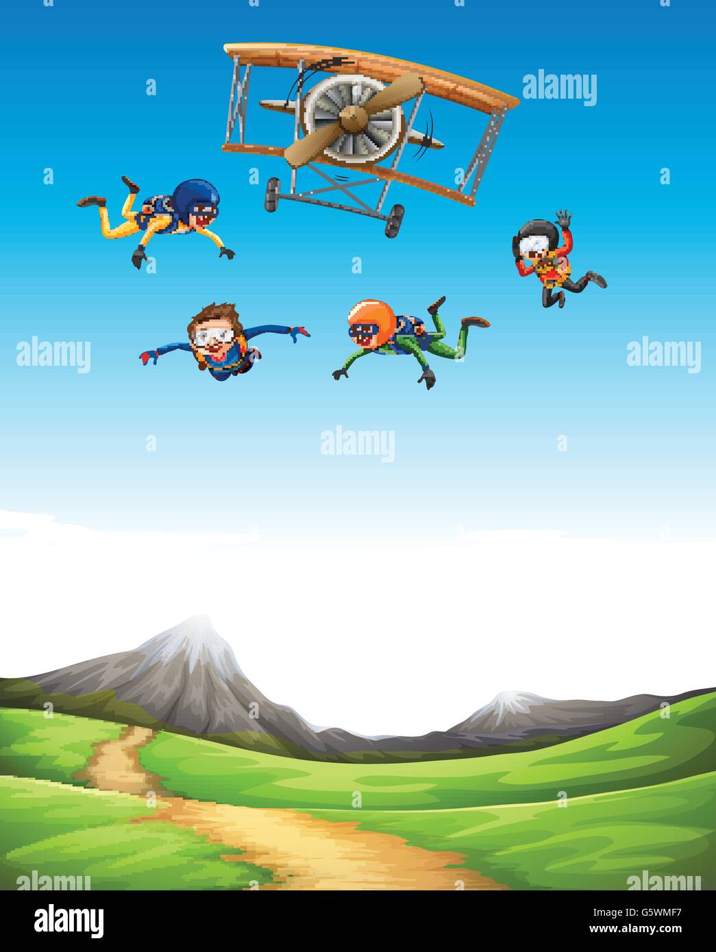 Four people doing sky diving illustration Stock Vector