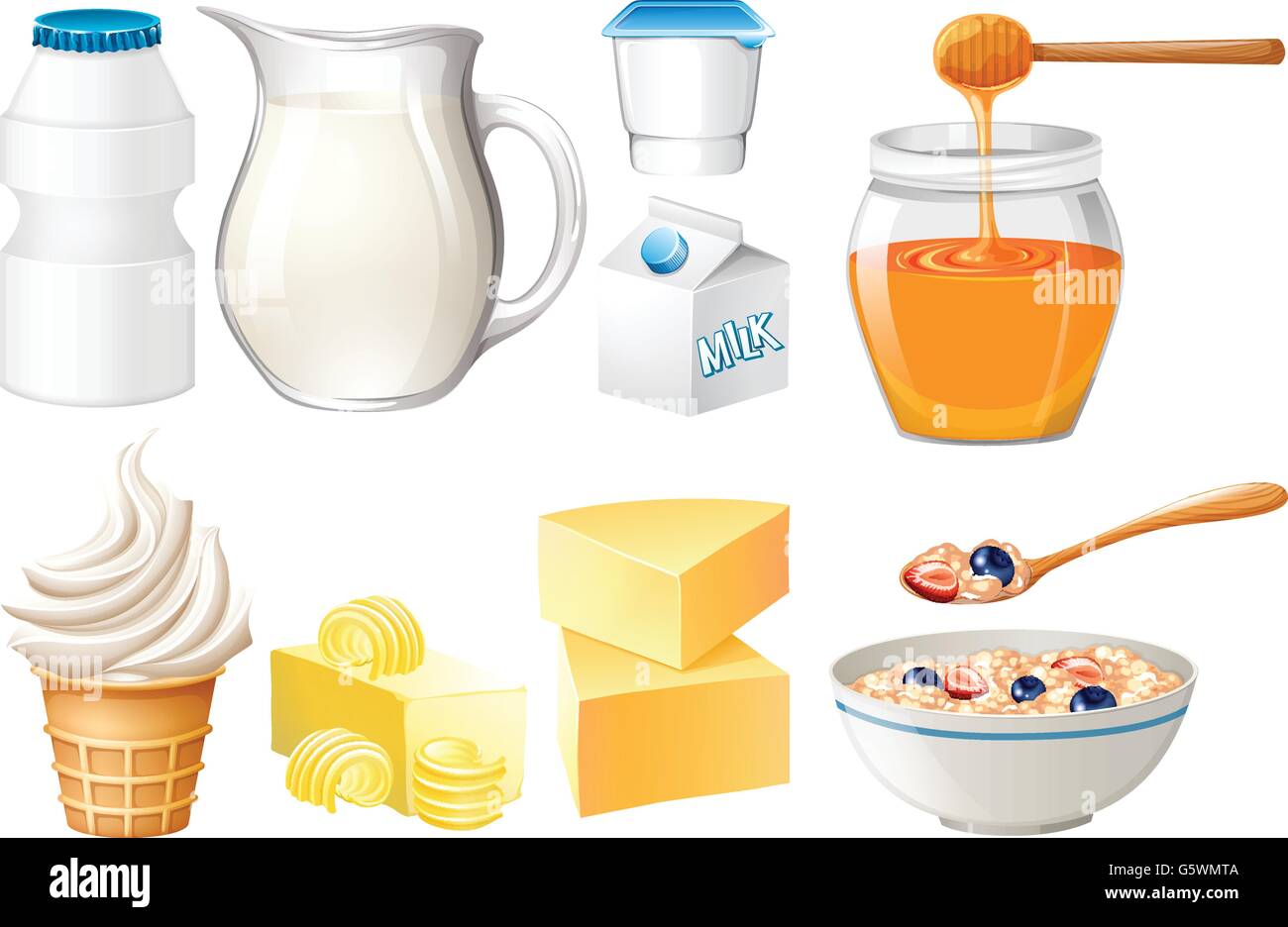 Dairy products set with milk and honey illustration Stock Vector Image ...