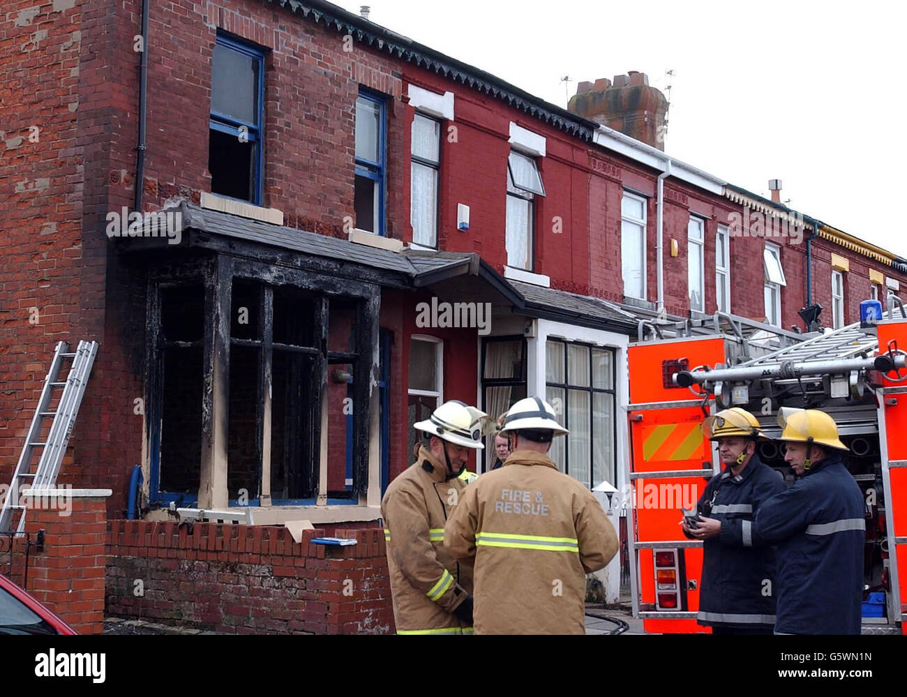 Fire service personnel at the scene of a house fire in Blackpool, Lancashire, where three young children died. Emergency services called at 0435 found the corner house, situated two streets behind the Hilton Hotel on town's north shore, well ablaze. * A spokesman for the Lancashire Constabulary said it was believed there were seven children, their mother, father and grandmother trapped inside the house. They were taken to Blackpool Victoria Hospital where three of the children were pronounced dead on arrival. Stock Photo
