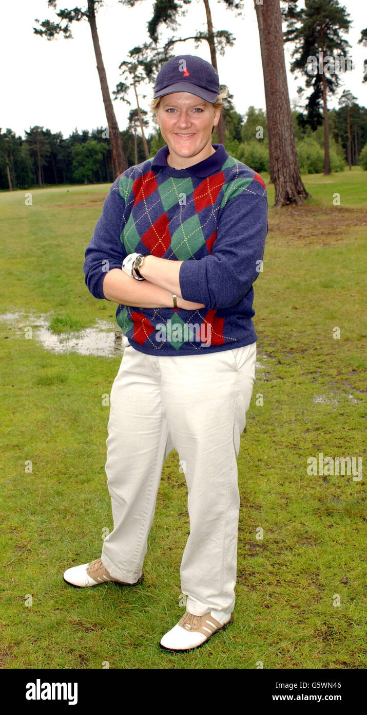 Sports presenter Clare Balding poses for photos during the Bobby Moore Fund Golf Day at Wentworth Golf Club. The annual fundraising golf tournament included an auction of exclusive sporting memorabilia, and screening of England's World Cup tie with Nigeria. Stock Photo